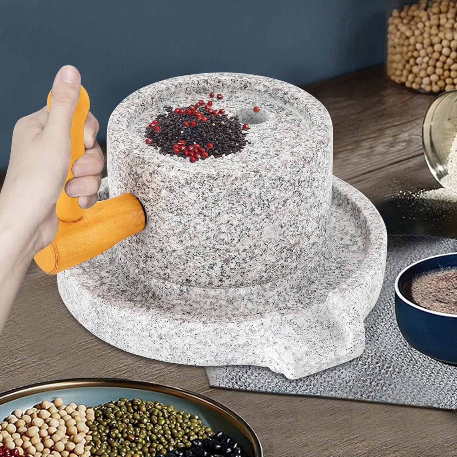 Macina manuale per cereali in pietra, fatta a mano, antica pietra abrasiva, multifunzione, per alimenti secchi e umidi, utensile da cucina