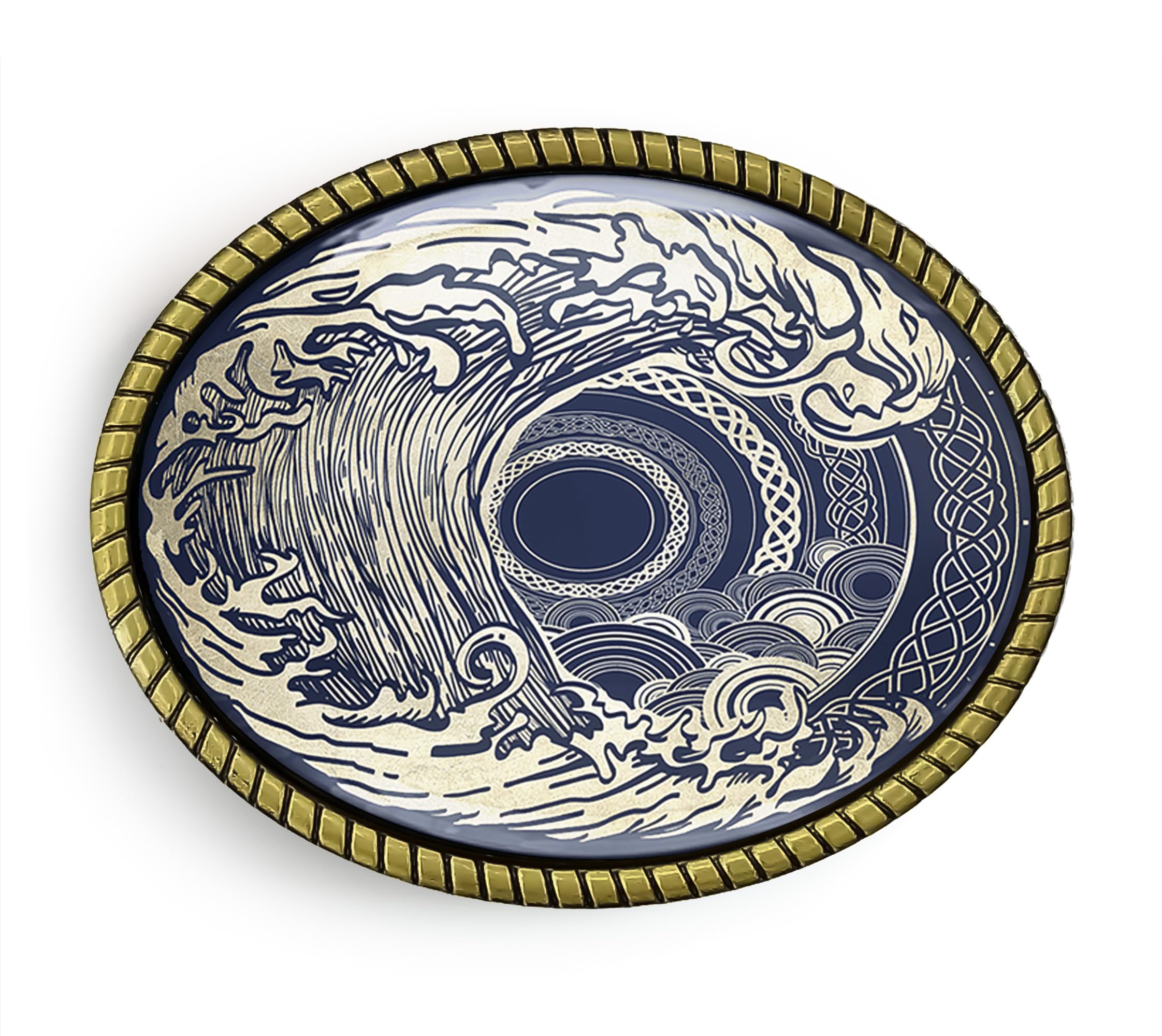 Tsunami Belt Buckle - Ornate Japanese Wave Tattoo Handmade Belt Buckle