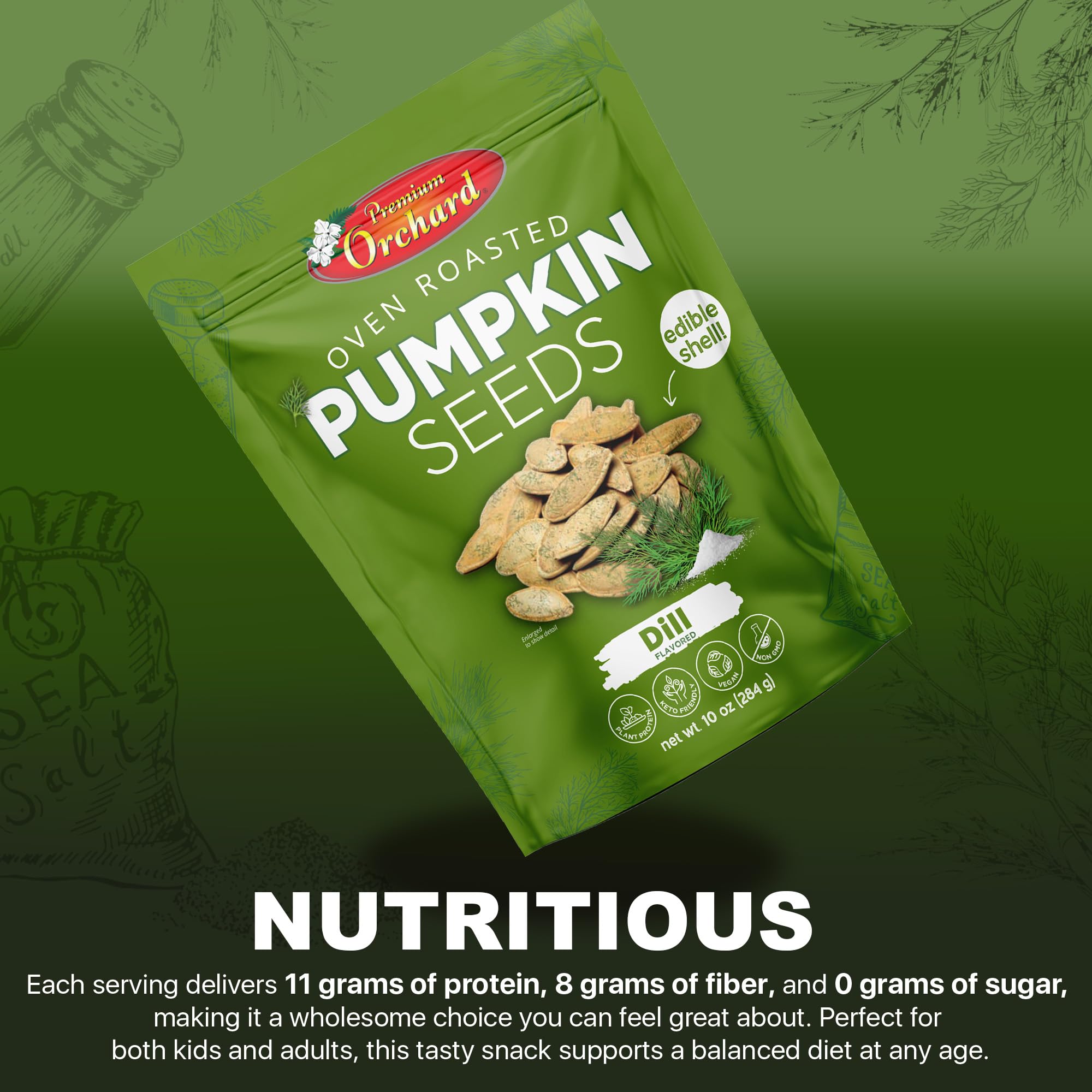 PREMIUM ORCHARD Flavored Pumpkin Seeds Oven Roasted | Dill Flavor | High Protein Snacks for Kids and Adults | Vegan Snack | Non GMO | KETO thumbnail 4