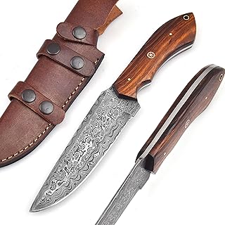 Handmade Damascus Steel Hunting Bowie Knife with Leather Sheath | 11'' Hand Forged Full Tang Fixed Blade Damascus Skinning Knives For Men and Women | EDC Razor Sharp Blade Bushcraft Camping Survival Knifes with Belt loop for Vertical and Horizontal Carry ,Rose Wood Handle 6063 - MOHID ENT