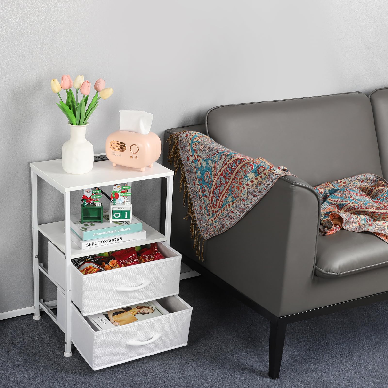 Vrisa Nightstand with Charging Station End Table with USB Port and Outlet Morden Narrow Bedside Table with Fabric Storage Drawer Night Stand for Bedroom Living Room Small Spaces White