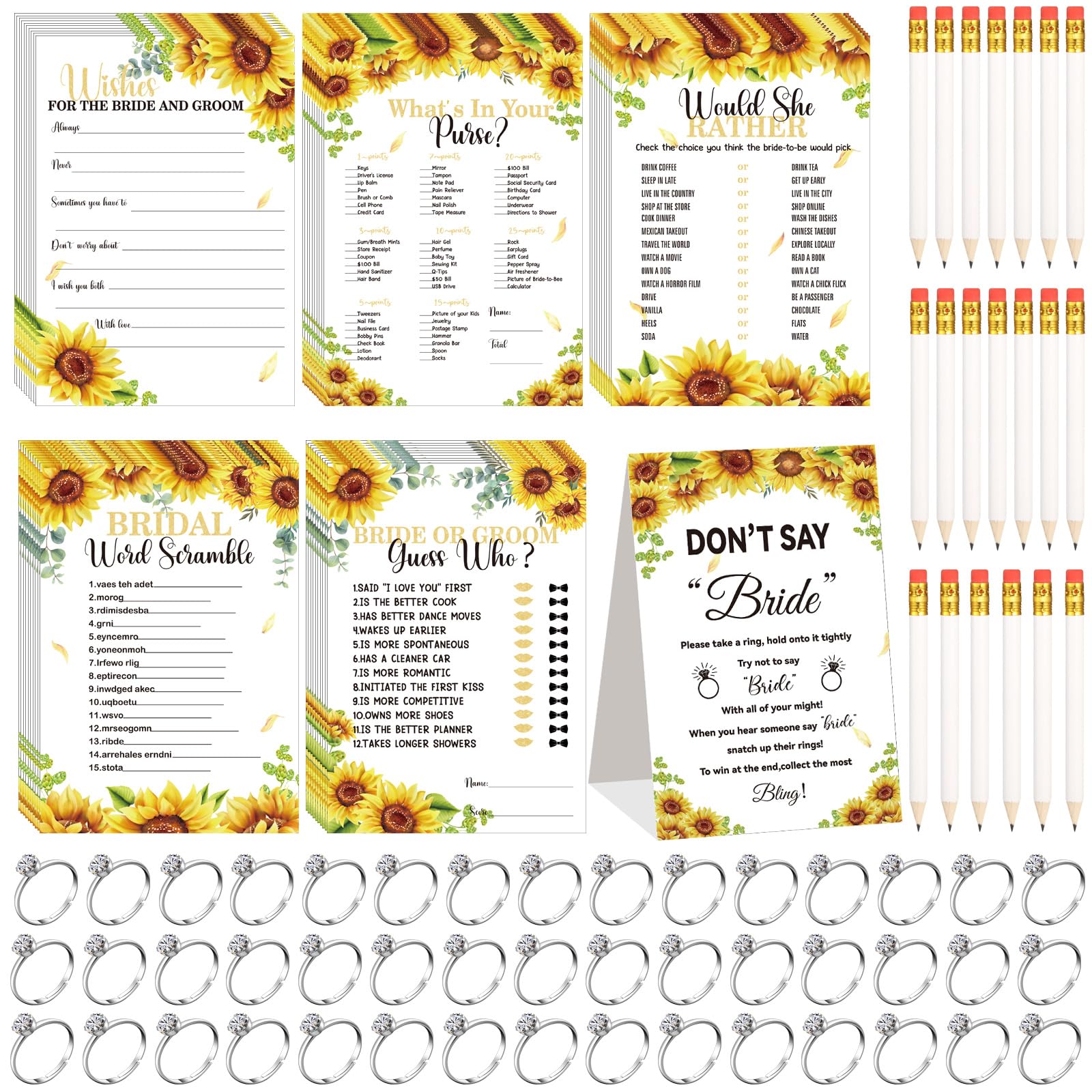 Estune 331 Pcs Bridal Shower Games Supplies, 5 Sets 250 Pcs Wedding Cards 1 Put a Ring on It Bridal Shower Games with 60 Rings and 20 Pencils(