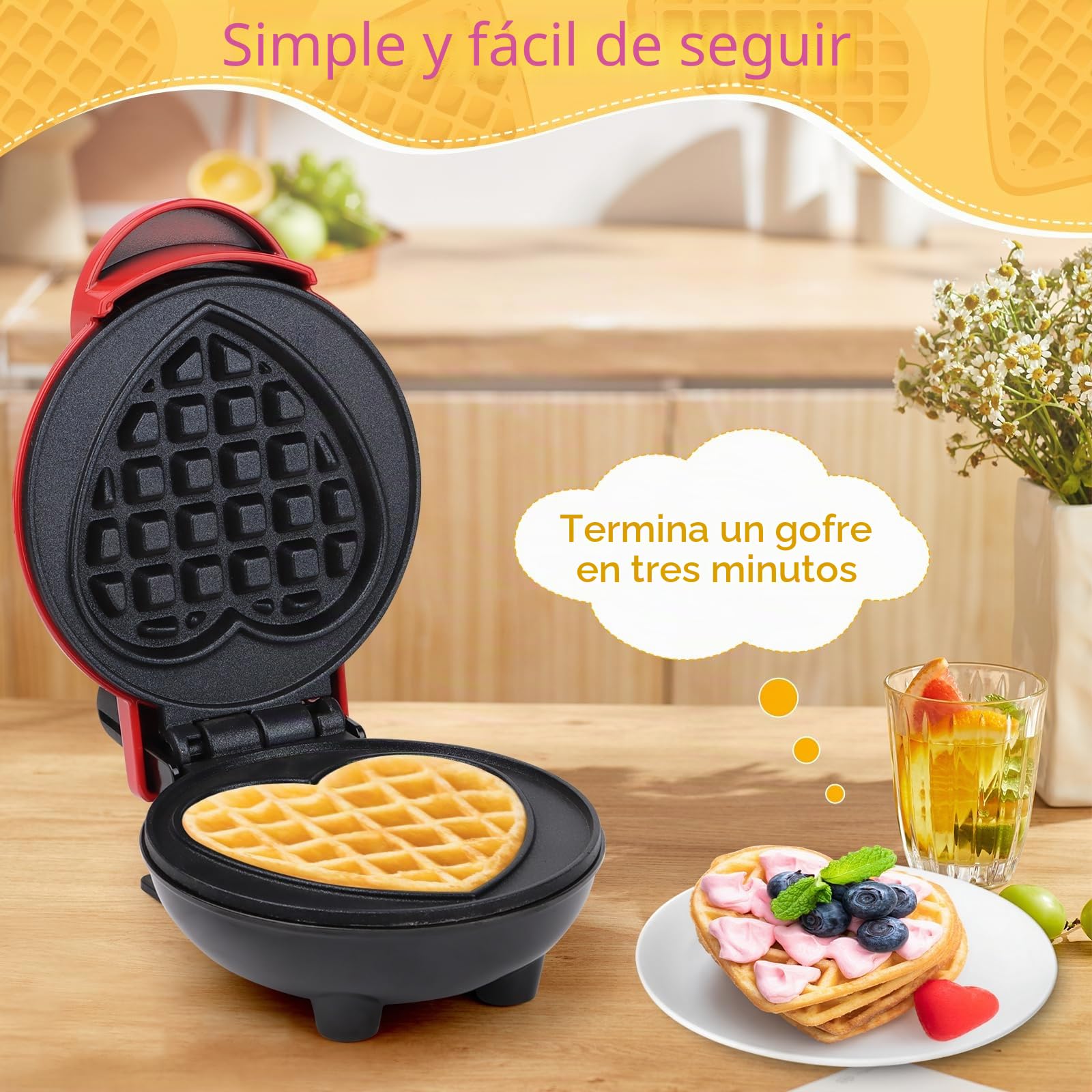 Mini Gofrera en Forma de Corazón, RISVOWO 350W Maquina de Gofres con Antiadherente, Gofreras Eléctrica para Cumpleaños Infantiles, Fiestas Familiares, Pascua o Navidad Mini waffle Iron Heart Shape