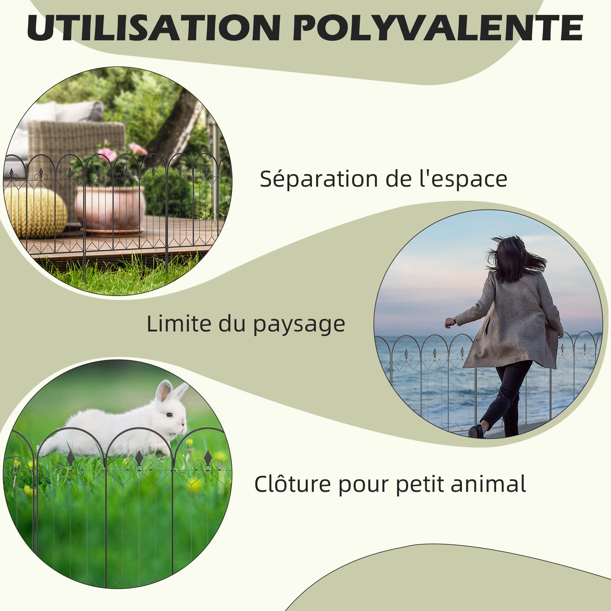 Outsunny Lot de 5 Clôtures de Jardin Décoratives 305 x 79,5 cm Noir | En Métal, Avec Ornements