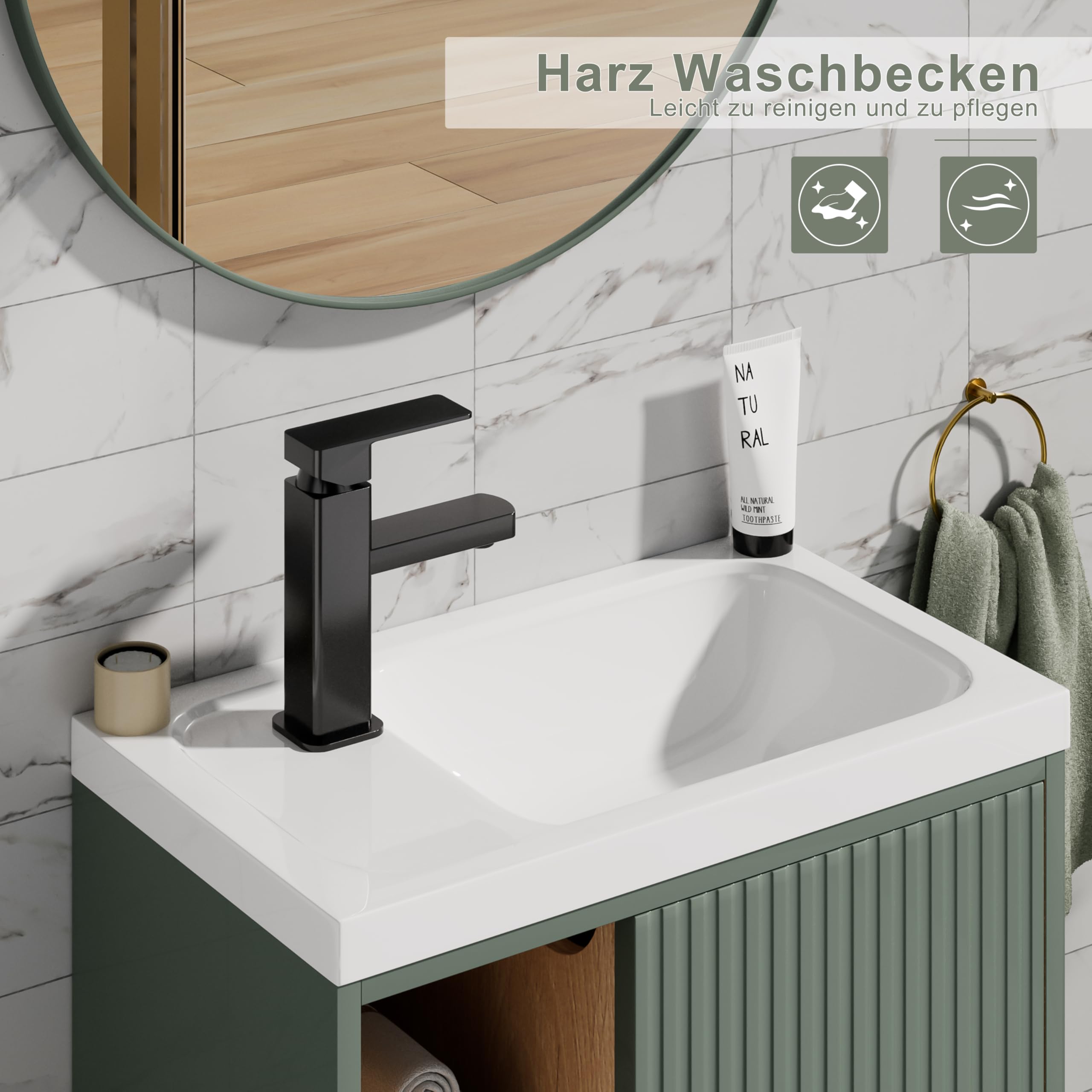 UEV Waschtisch mit Unterschrank hängend 50,5cm,Gäste-WC Waschtisch kleine, Waschbecken mit Wasserhahn, Waschtischunterschrank hängend, Waschplatz ausreichend Stauraum,Badmöbel Set für Badezimmer grün