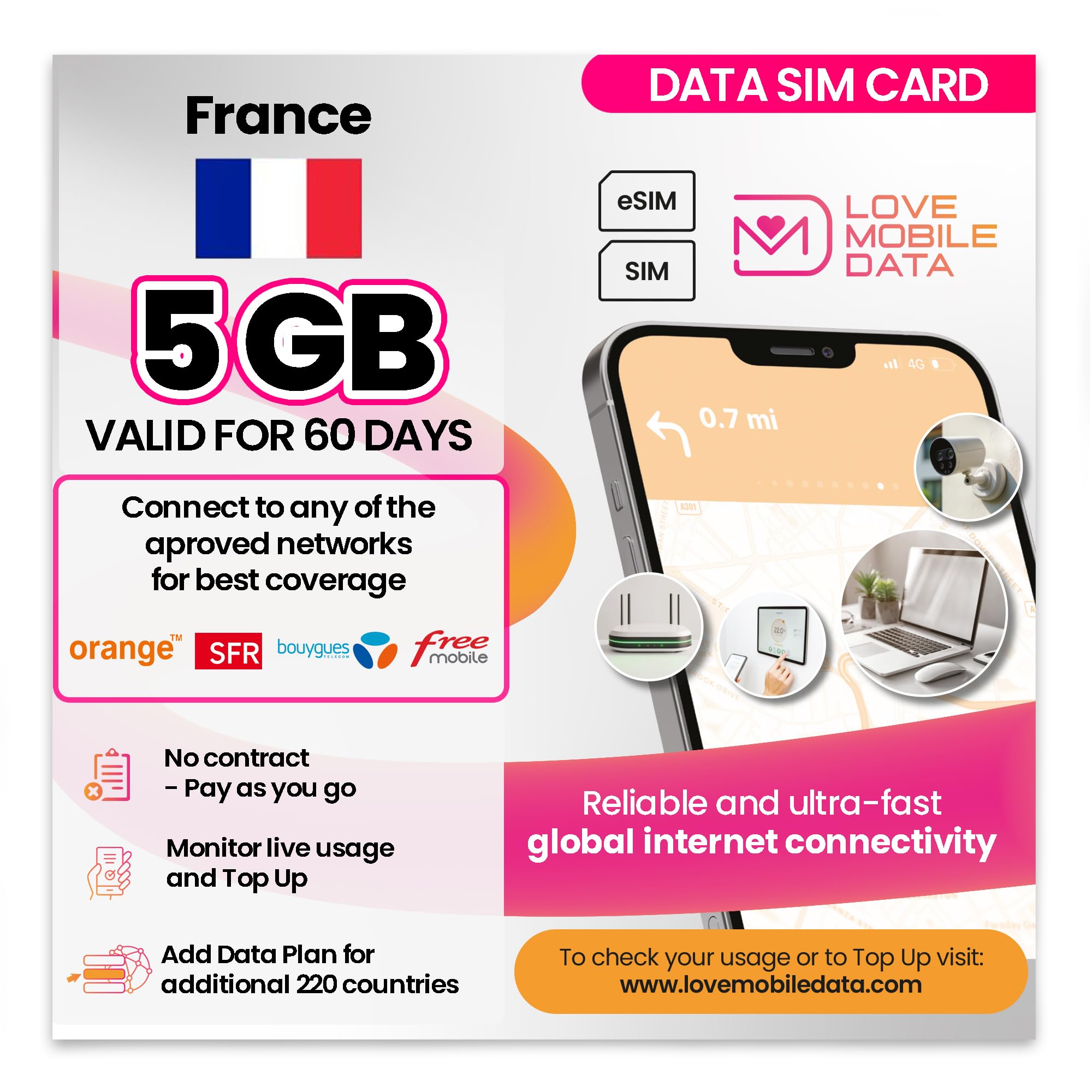 Love Mobile Data Only Sim Card - International Multi-Network 4G/5G Prepaid Pay As You Go Data Sim for Mobile Phones, WiFi Routers, & More, UK & France - 5GB for 60 Days