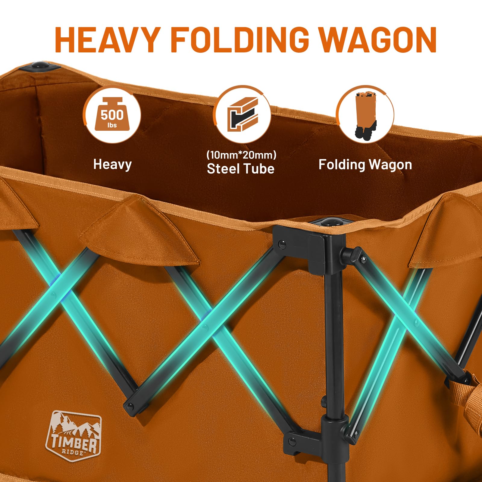 TIMBER RIDGE Zusammenklappbarer Outdoor-Wagen mit Bremsen und Getränkehaltern, 227 kg, strapazierfähig, für alle Geländeräder, Mehrzweckwagen für Einkaufen, Camping, Garten, Sport, Orange