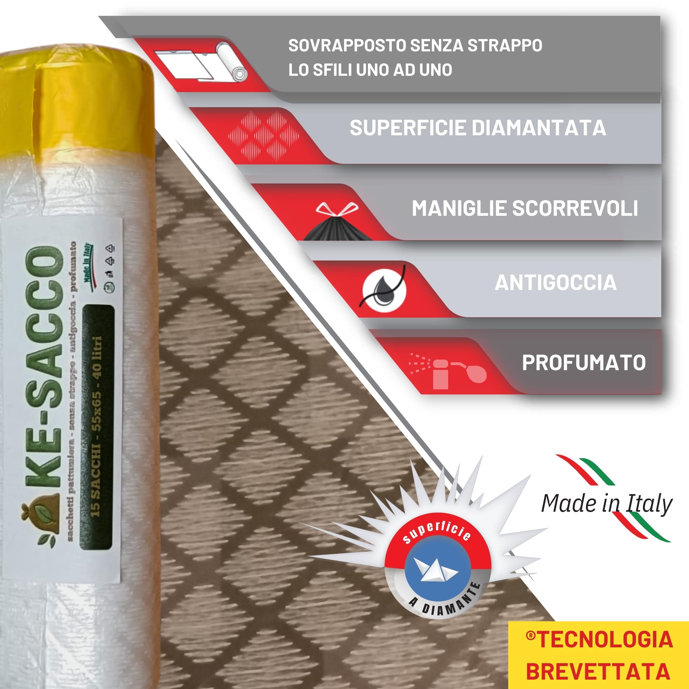 KE-SACCO 90 Sacchetti spazzatura 40l - 55x65-6 rotoli Sacchi Immondizia per Raccolta Differenziata 3 colori - Buste Rifiuti Riciclabili con manici - Antigoccia - Speciale ed Unica Formula Brevettata