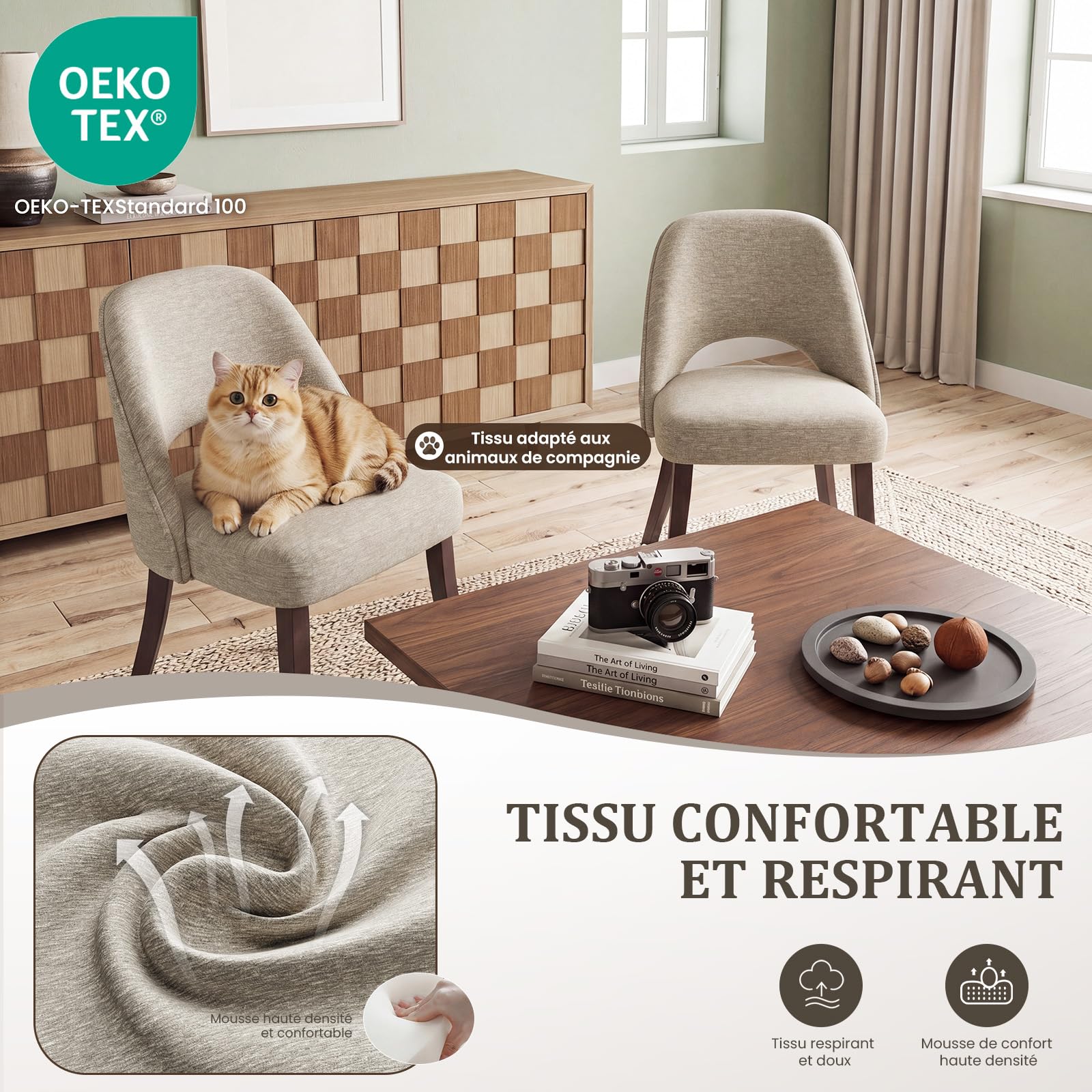 MALOL Lot de 6 chaises de Salle à Manger rembourrées en Tissu, Pieds en Bois Massif, Dossier incurvé et Assise épaisse en Mousse Haute densité, Design Moderne pour Cuisine et Salle à Manger, Kaki