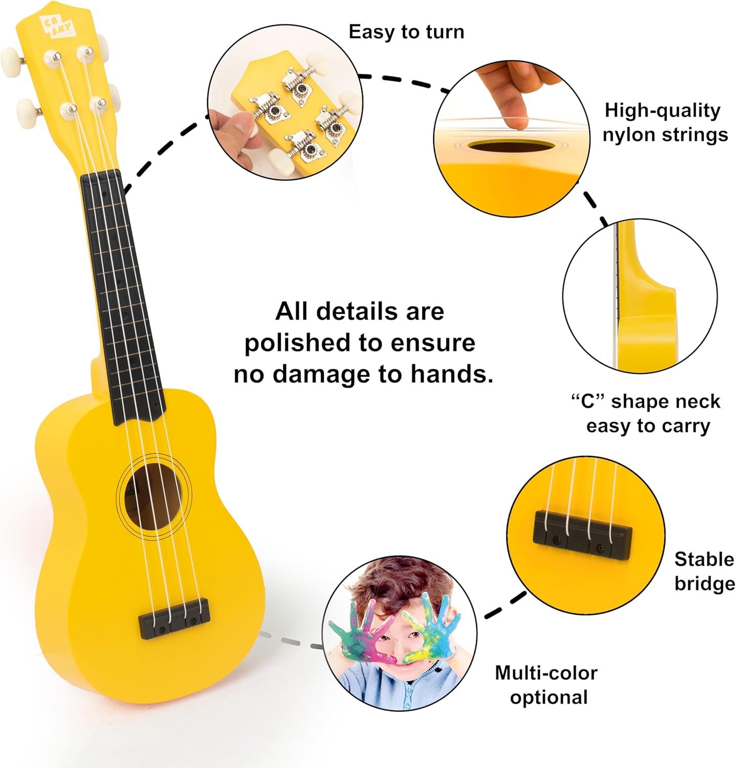 Soprano Ukulele 21"/53cm for kids, beginners and students (Yellow)