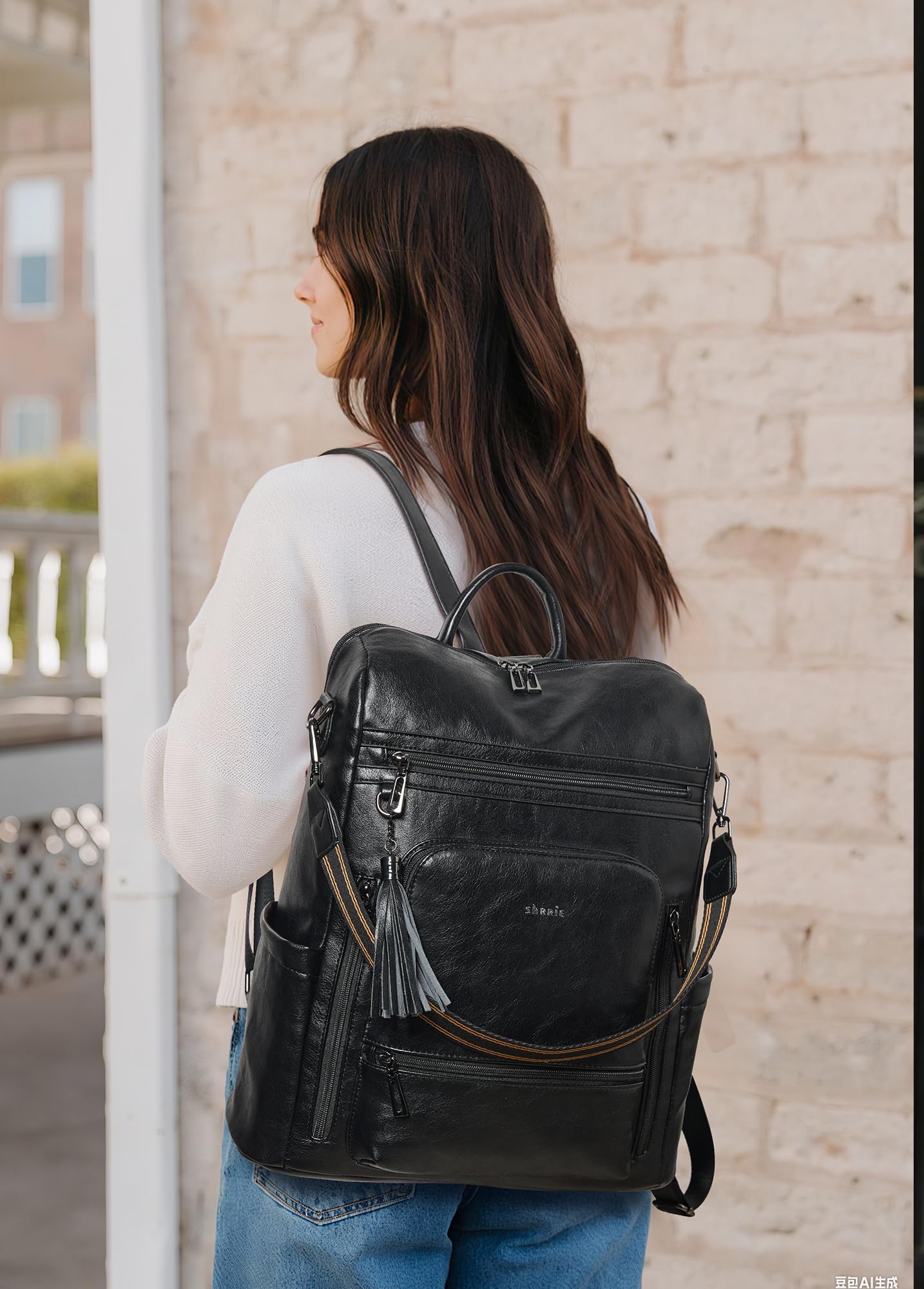 Shrrie Sac à dos ordinateur portable femme 15,6 pouces en cuir vegan | Sac tendance imperméable antivol à multiples poches,compartiment ordinateur,pour travail,voyage,affaires,université