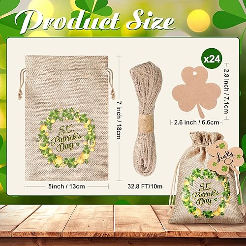 Miniatura 3 de Shappy 24 juegos de bolsas de regalo del día de San Patricio, bolsas de arpillera de arpillera verde para fiesta, bolsas de dulces, trébol irlandés,