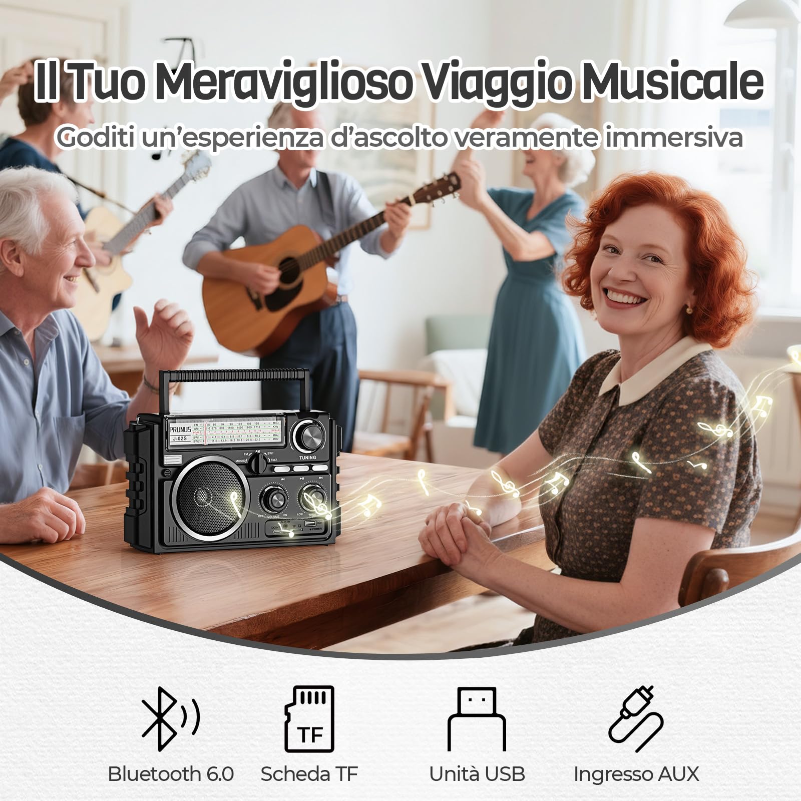 PRUNUS J-02 Radio Portatile Solare FM/AM/SW, Radio Bluetooth Ricaricabile con Batteria 1800 mAh o Pile D, Radiolina a Transistor a Doppia Antenna, Supporta TF/USB, per Casa, Campeggio e Emergenza.