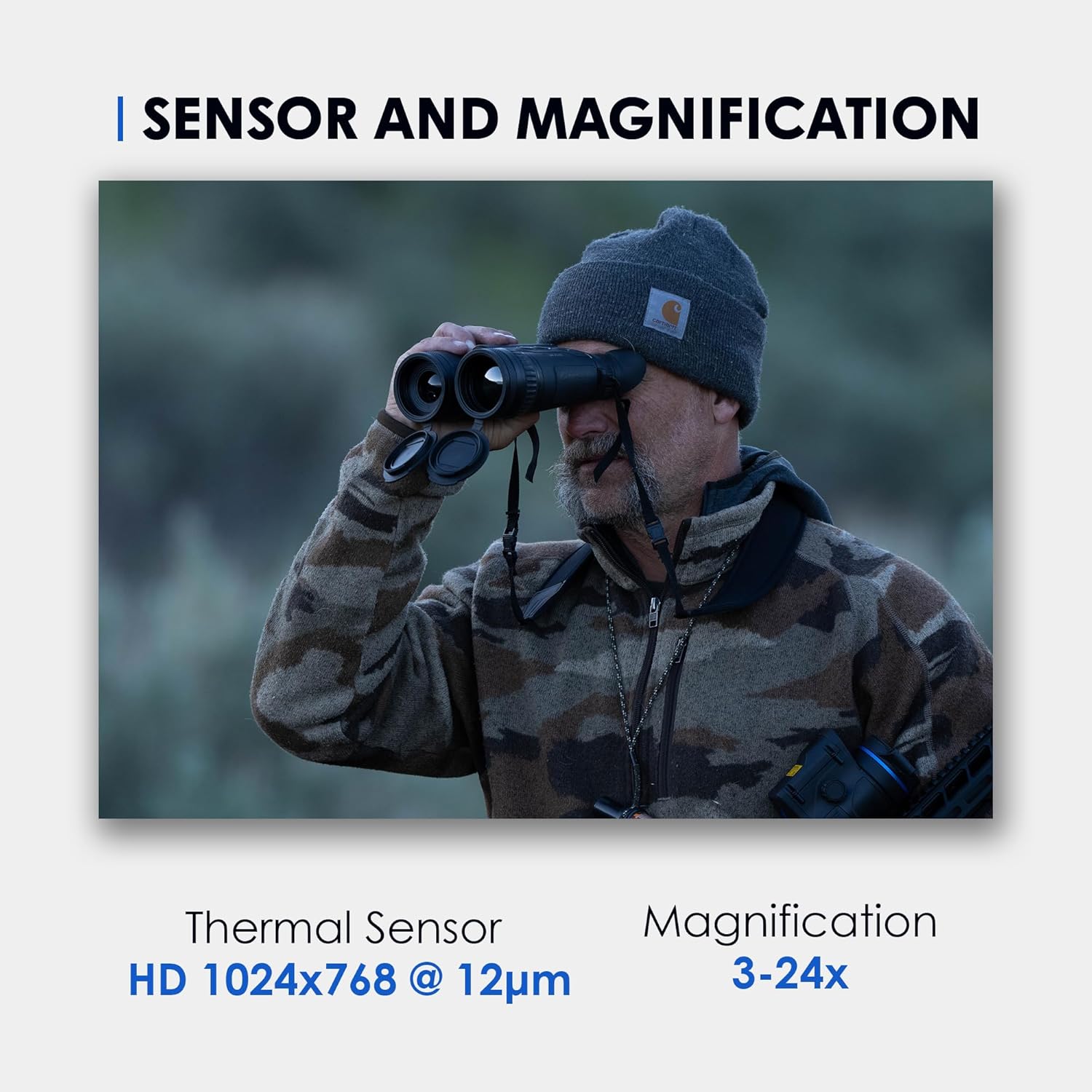 User holding Pulsar Merger LRF XL50, illustrating the HD sensor and magnification capabilities.