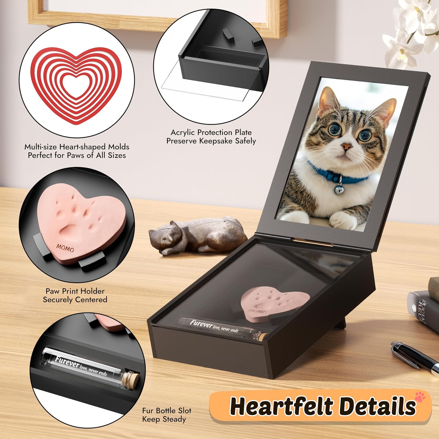Grarry Pet Memorial Shadow Box with Paw Print Impression Kit Keepsake, 4”X6” Dog Cat Picture Frame, DIY Pawprint Clay Ornament Gift, Acrylic Loss of Dogs Sympathy Gifts with Hair Bottle for Pets Lover