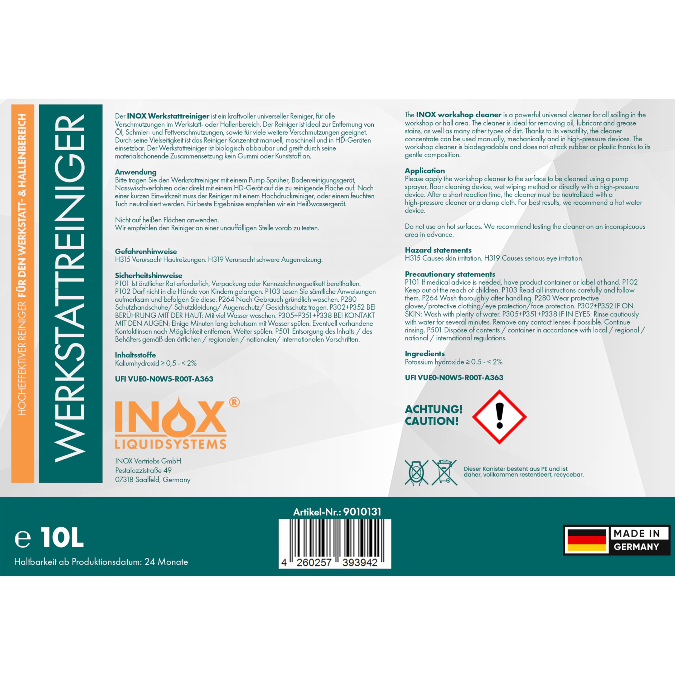 INOX® WS Werkstattreiniger Konzentrat, 2 x 10L - Bodenreiniger Industriereiniger, für Hochdruckreiniger geeignet