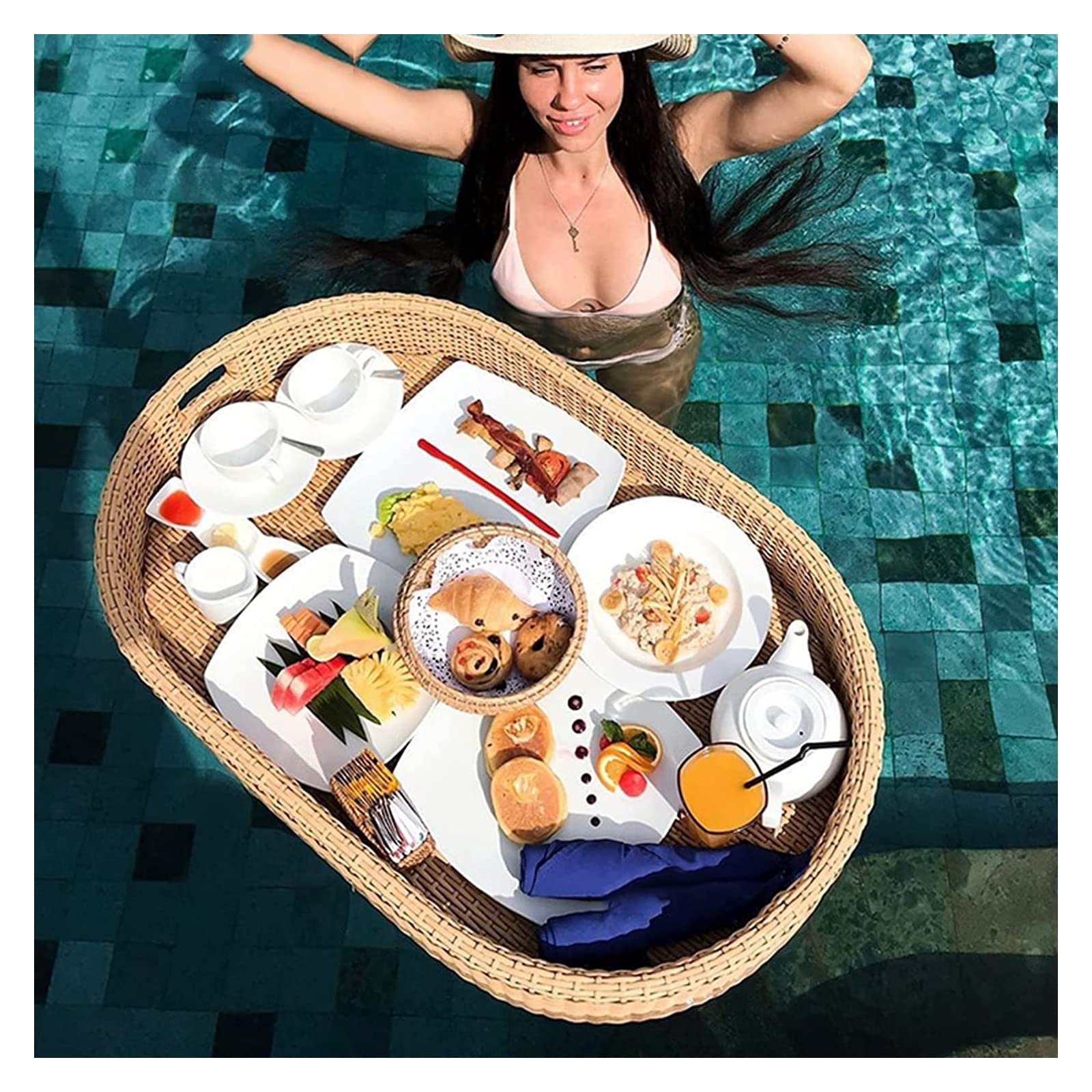 Luxury Floating Serving Tray Pool Tray Table, Rattan Floating Tray, Oval Floating Food Tray