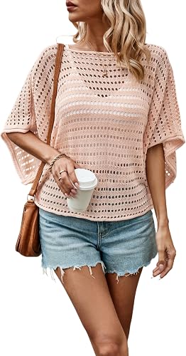Womens Summer Tops Trendy Crochet Hollow Out Knit Cover Ups Boat Neck Short Batw