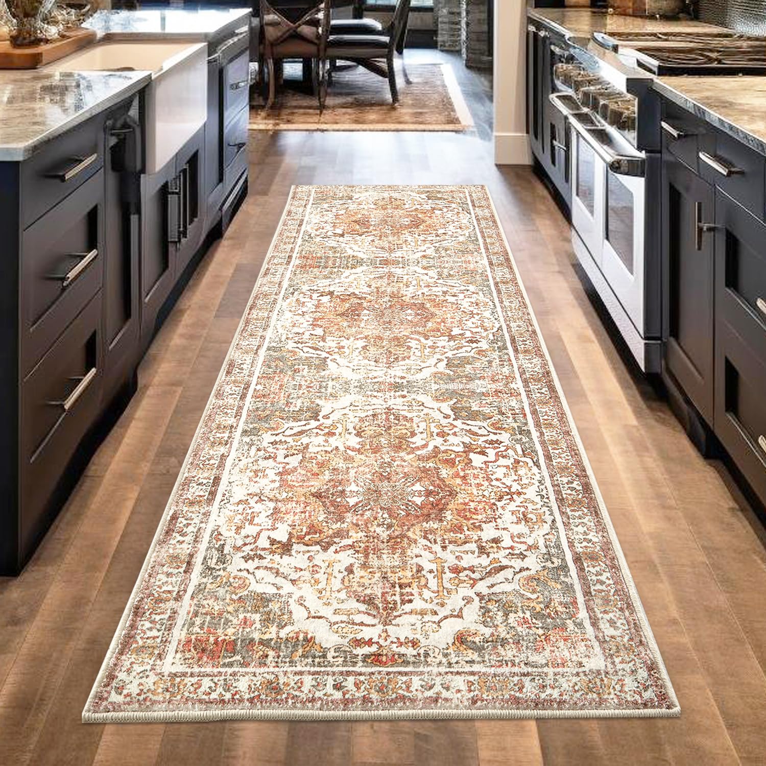 Runner Rug - 2'6"x8' Boho Washable Kitchen Rug, Non-Slip Soft Low Pile Rugs Indoor for Hallway Hall Living Room Bedroom Sunroom, Vintage Throw Stair Carpet Stain Resistance (Khaki, 2.5x8ft)