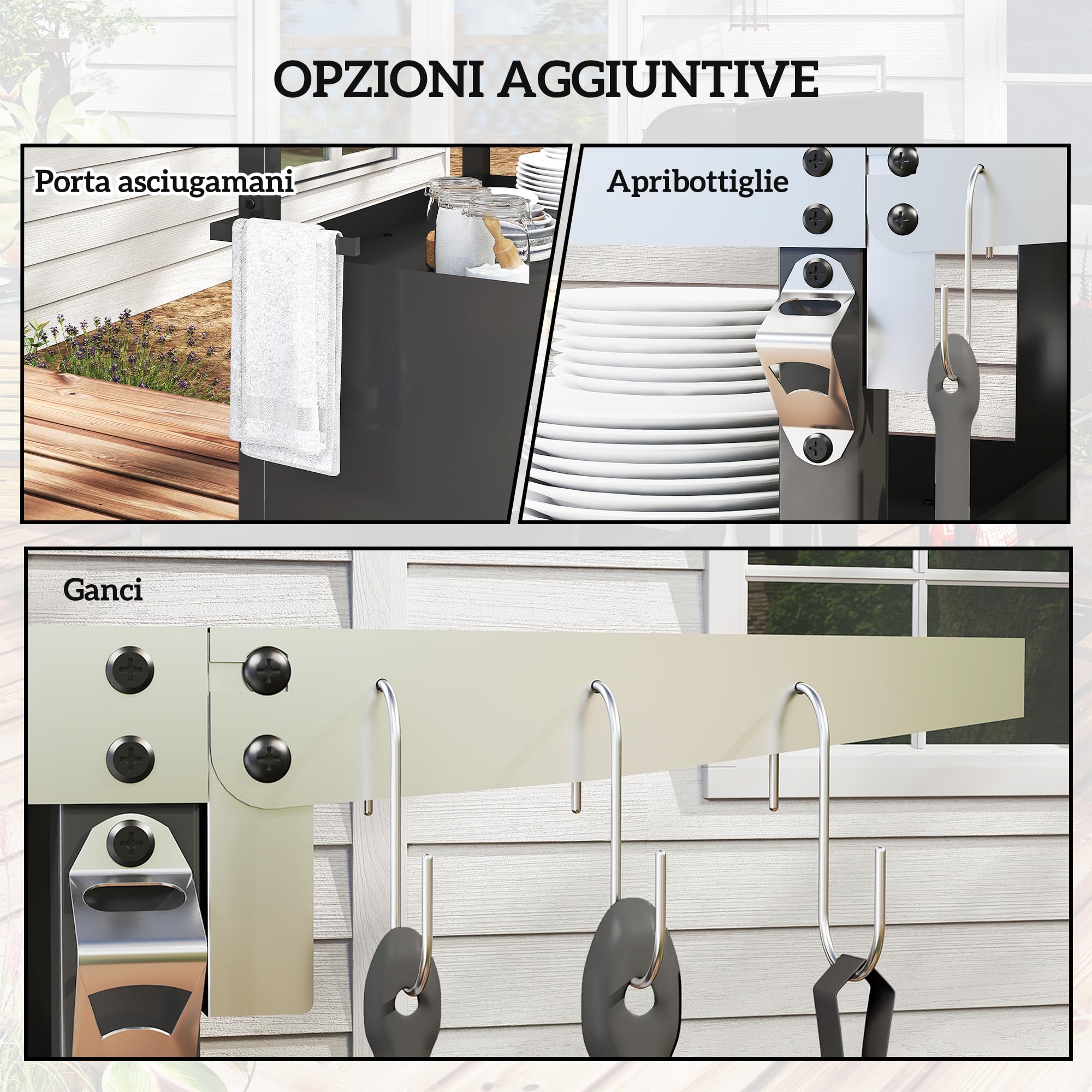 Outsunny Carrello Barbecue con Piano in Acciaio Inox e Tavolino Laterale Pieghevole, Tavolo Cucina da Esterno per Forno Pizza con Ruote, Maniglia, 6 Ganci e Apribottiglie, 116x50x93 cm, Nero