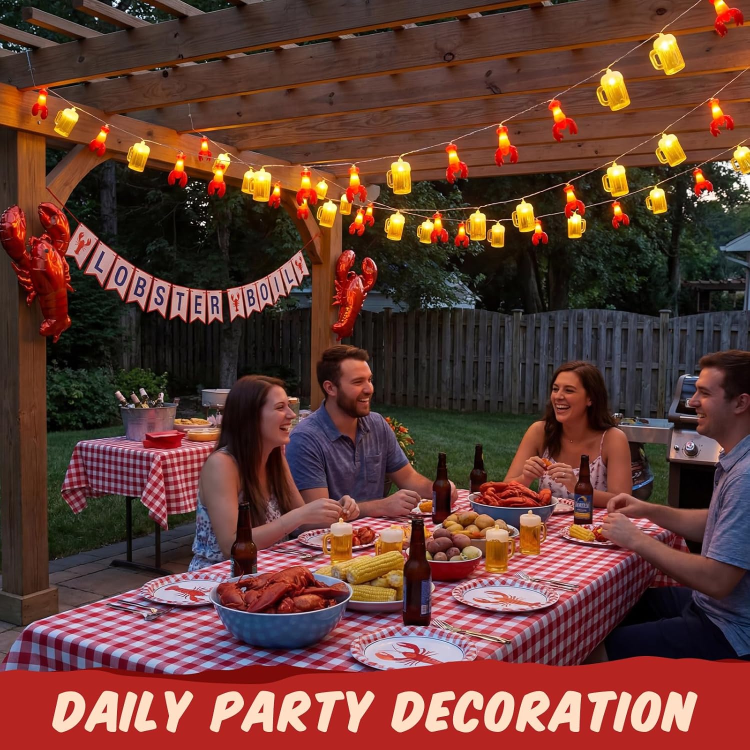 Baquler 2 Pcs 10ft 20 LED Lobster Decorations and Lobster with Beer String Lights, Crawfish Boil Party Supplies Seafood Boil Party Decorations for Summer Camping Mardi Gras Wedding Birthday Patio