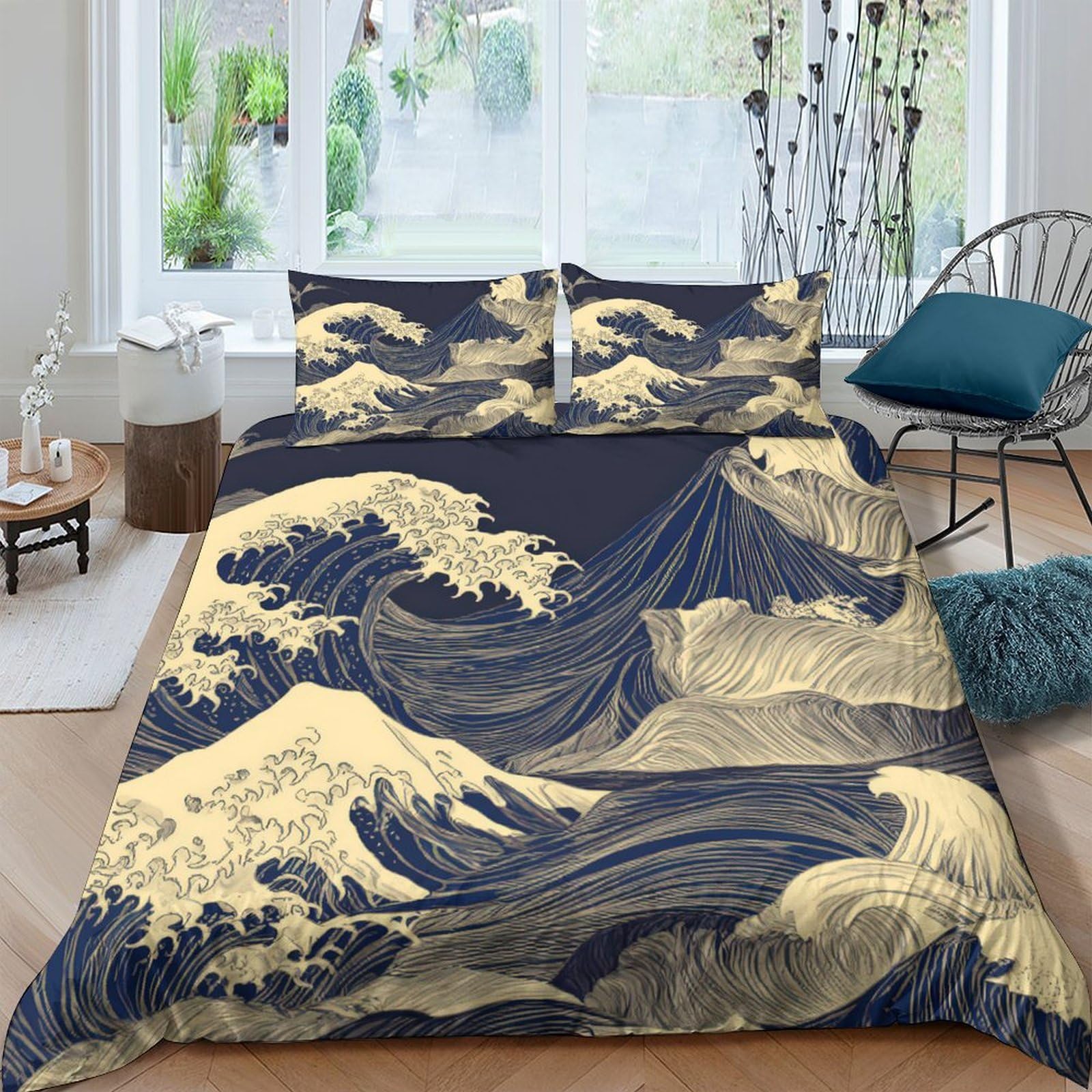 Ctjqhvkz Style-6 3D Printed Great Wave Fitted Sheet Microfiber Soft Breathable Japanese Art Mattress Cover For Bedroom Guest Room Decor Single（135X200cm）