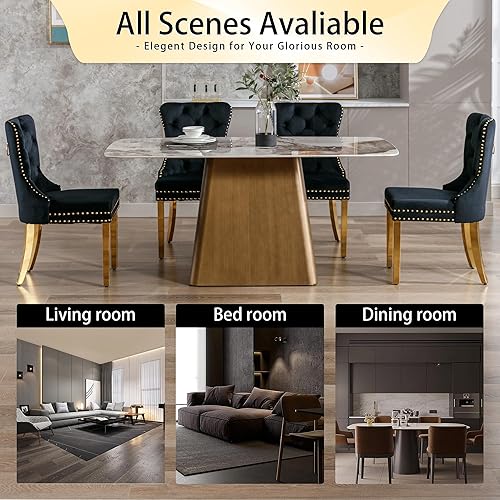 Miniatura 118 de Juego de 2 sillas de comedor, sillas de terciopelo copetudas con patas de acero inoxidable doradas, anillo de metal con ribete de remache, respaldo