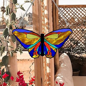Amazon.co.jp: ステンドグラス窓飾り、真の手描きガラス蝶サン