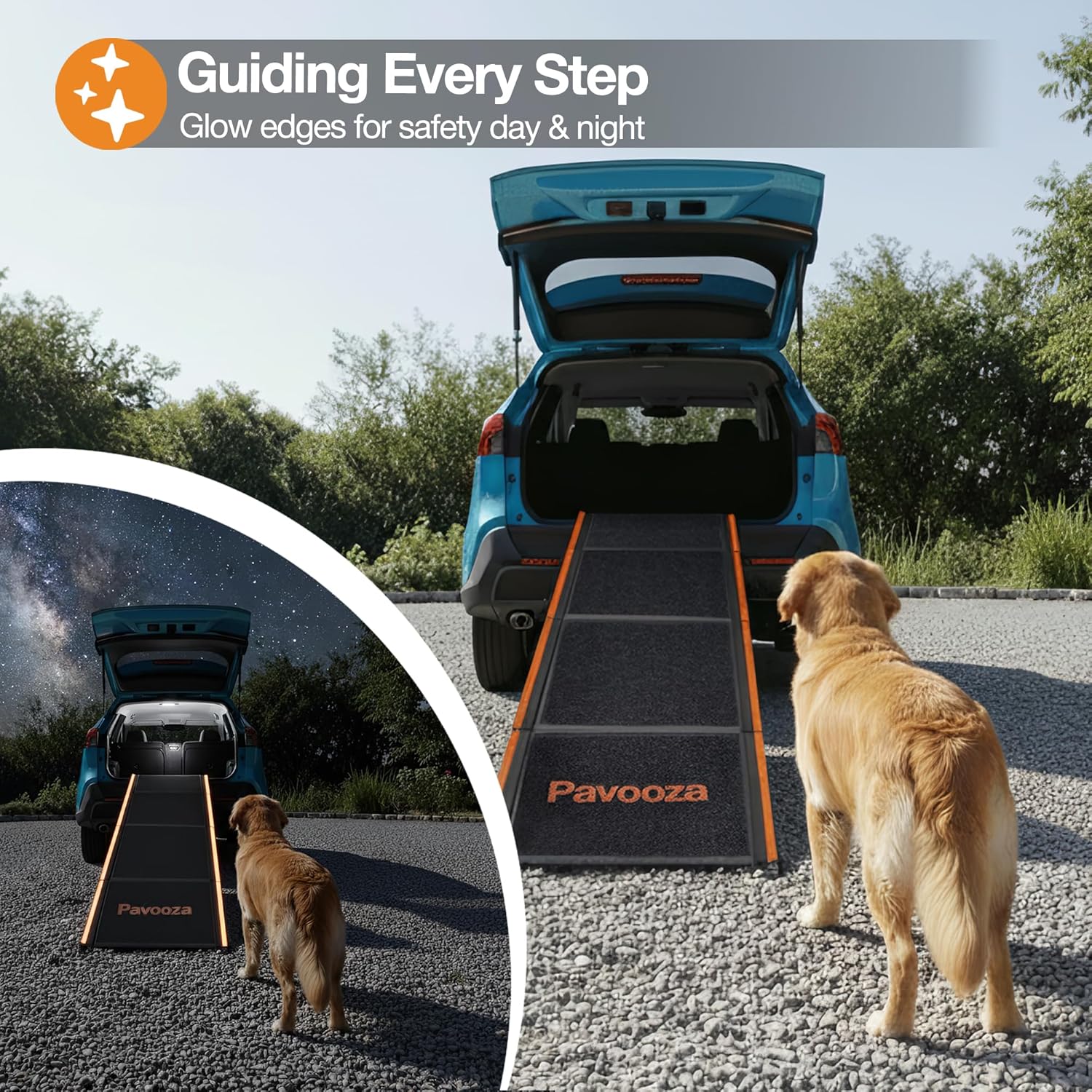 71"×20" Extra Wide Dog Ramp for Car, SUV & Truck – Folding Aluminum Pet Ramps for Large Dogs up to 250 lbs, Non-Slip Surface & Glow Edges, Foldable Portable Ramp for Side Door or Porch Steps