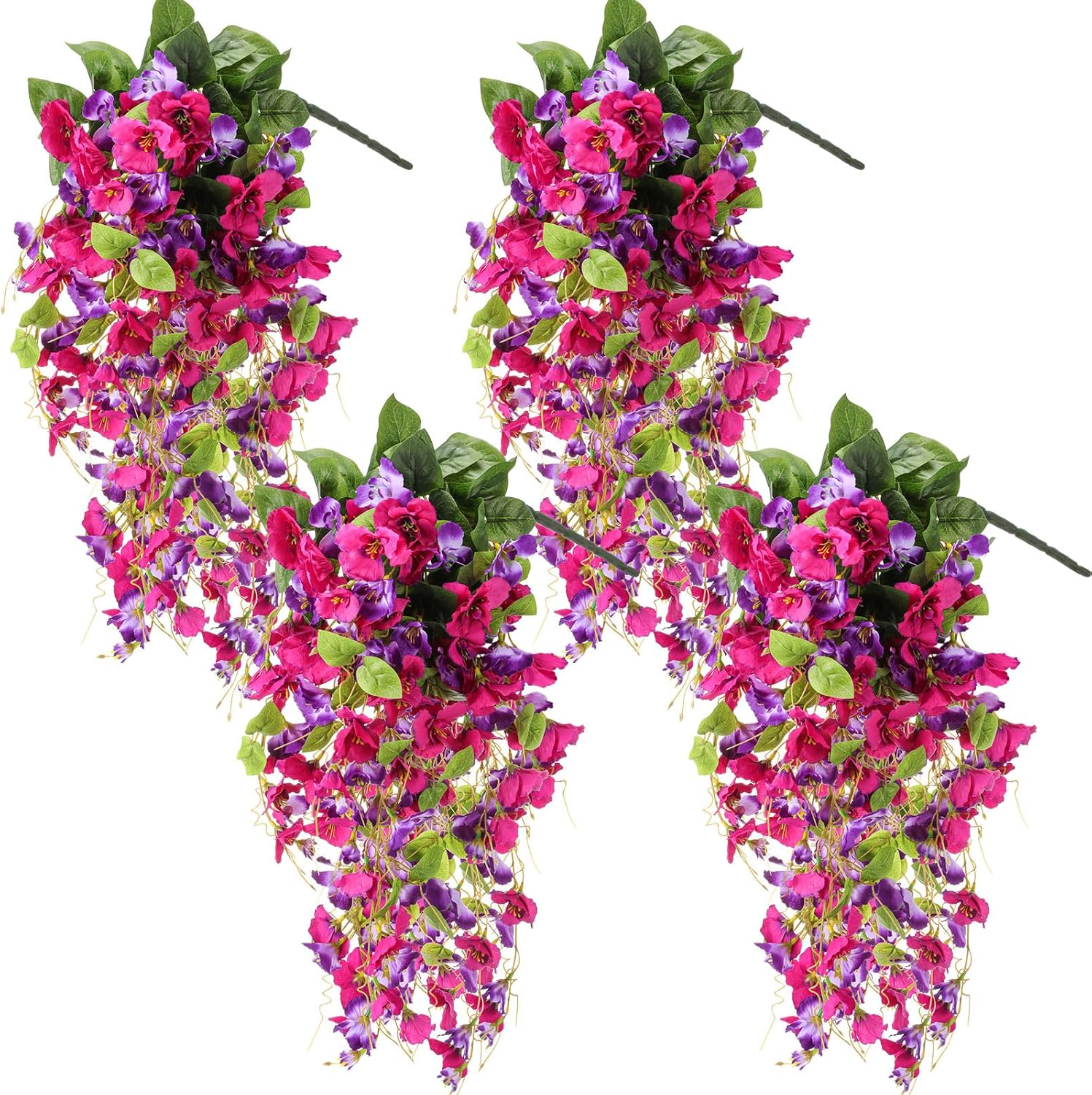 XunYee 4 Pcs Artificial Fake Hibiscus Hanging Flowers for Spring Decor Outdoor Wedding Vine Plant Flowers Trailing Vines Realistic UV Resistant Plants for Front Door Porch (Rose Red Purple)