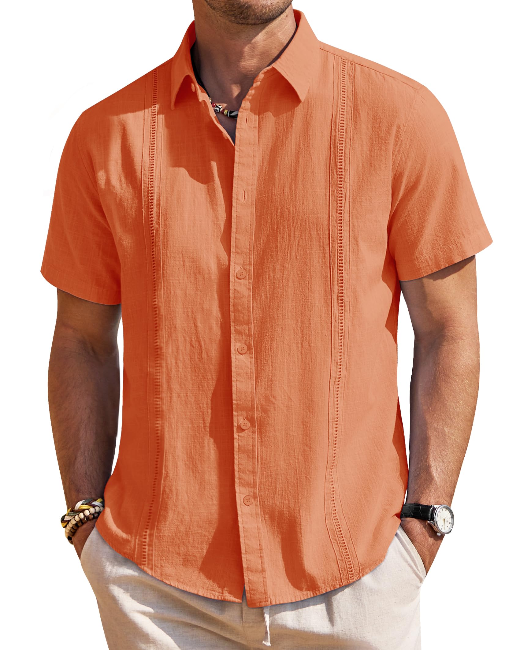 Mens Linen Shirts Short Sleeve Button Down Shirt Casual Cuban Guayabera Lightweight Summer Beach Solid Tops