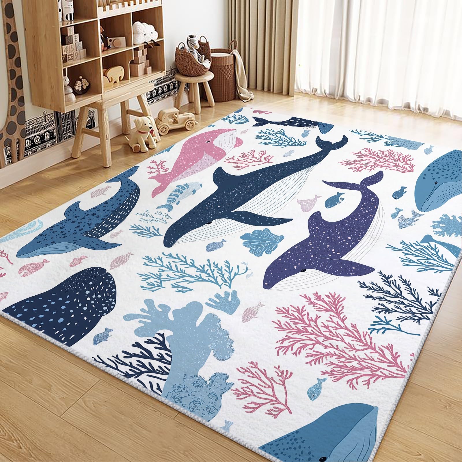 Générique Tapis Intérieur 80x150cm Thème Océan Baleine Tapis Salon Lavable, Tapis de Chambre Moderne à Poil Ras, Antidérapant et Résistant, Tapis Sol Décor À La Maison