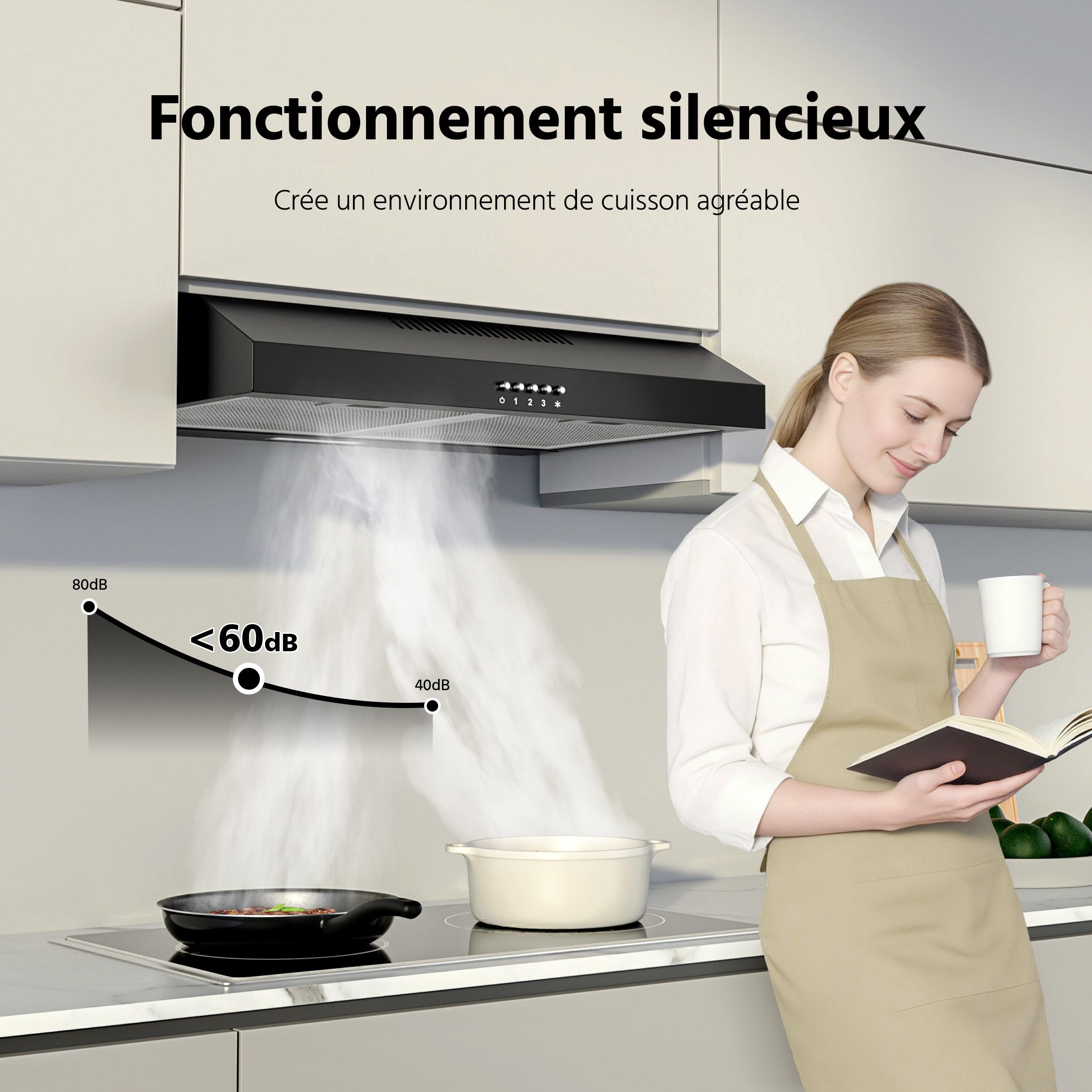 FIREGAS Hotte de Cuisine 60cm Noire au Design Moderne, Classe A++, Moteur sans Balais Ultra Silencieux, 3 Vitesses, Mode Recyclage ou Évacuation, Idéale pour Petit Appartement & Studio