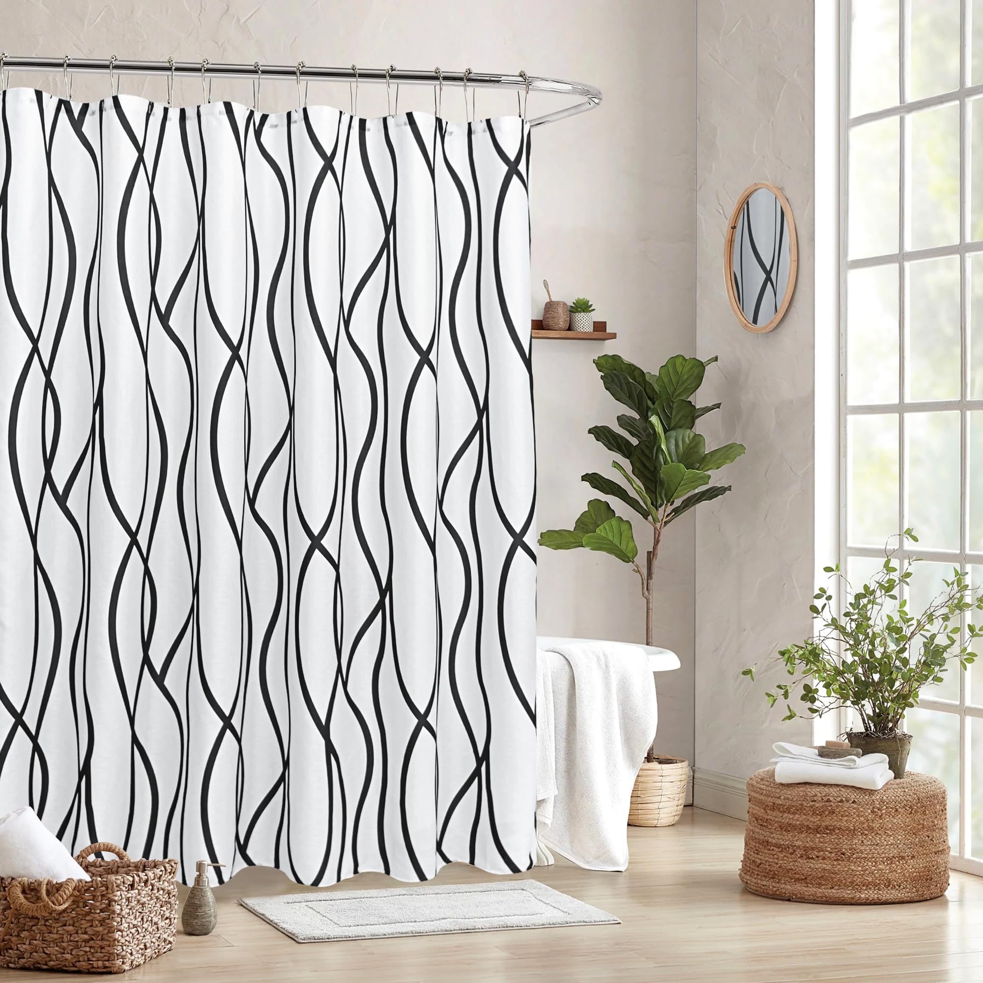 Biscaynebay Extra Long Textured Fabric Shower Curtain 72 W x 84 L, Black Printed Striped Linen Modern Hotel Luxury Quality Cloth Bathroom Curtains