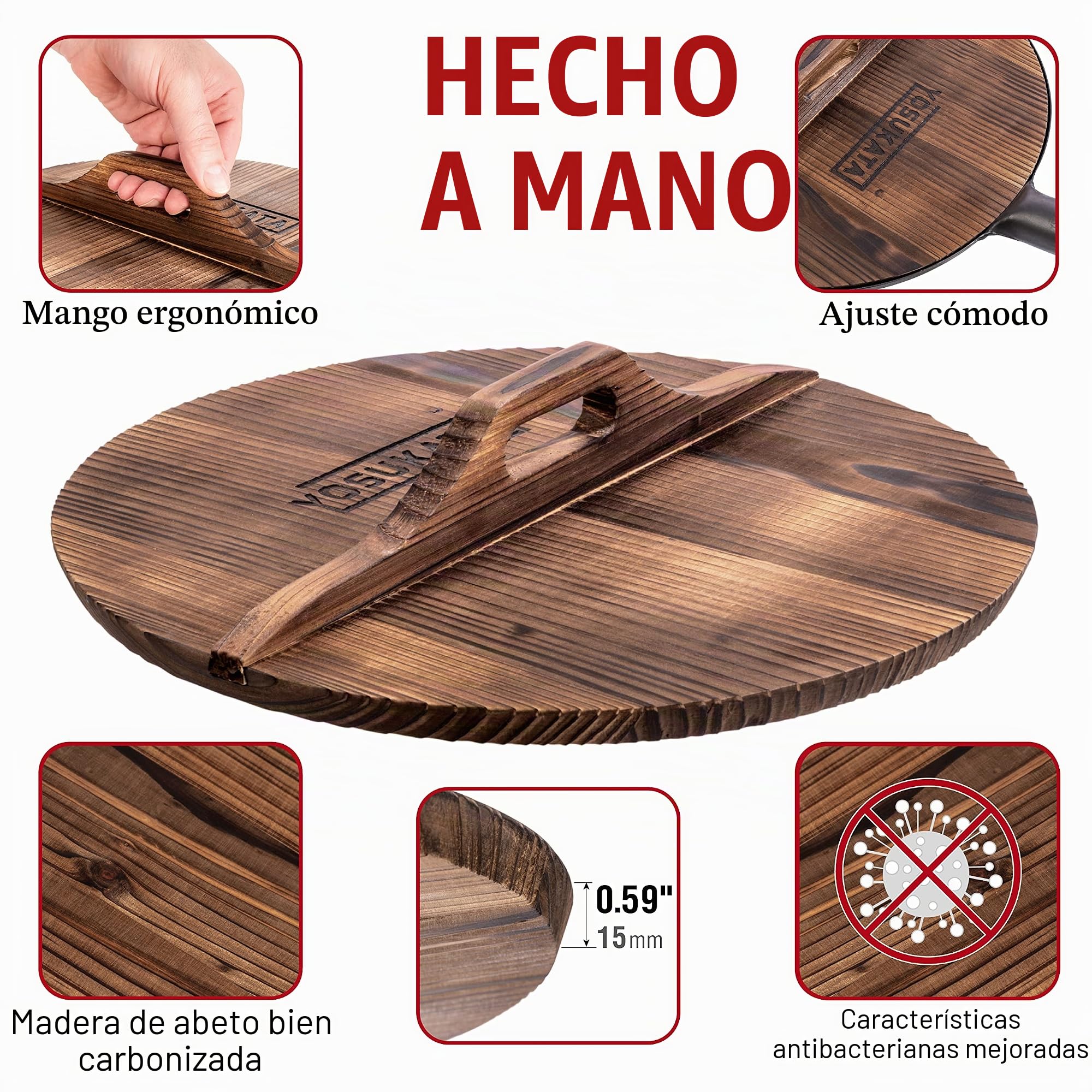 YOSUKATA Sartén Wok de Acero al Carbono 34 cm + Tapa Para Sartén Wok de Madera Natural de 34 cm