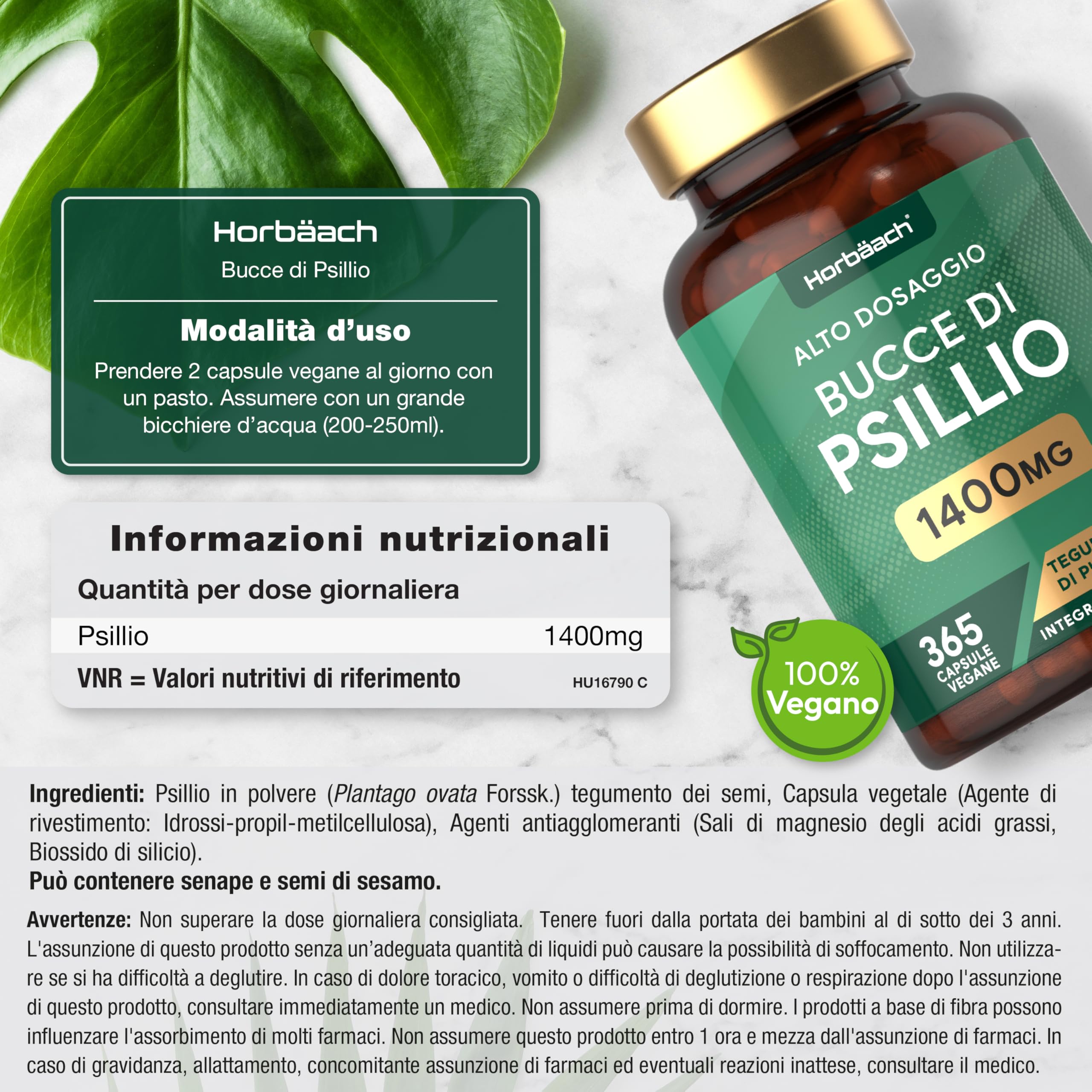 Psillio Capsule Alto Dosaggio 1400 mg | Buccia di Psillio in Polvere | 365 Capsule Vegane per 6 Mesi | Integratore di Fibre | Prebiotico Naturale | Psyllium Husk | di Horbaach