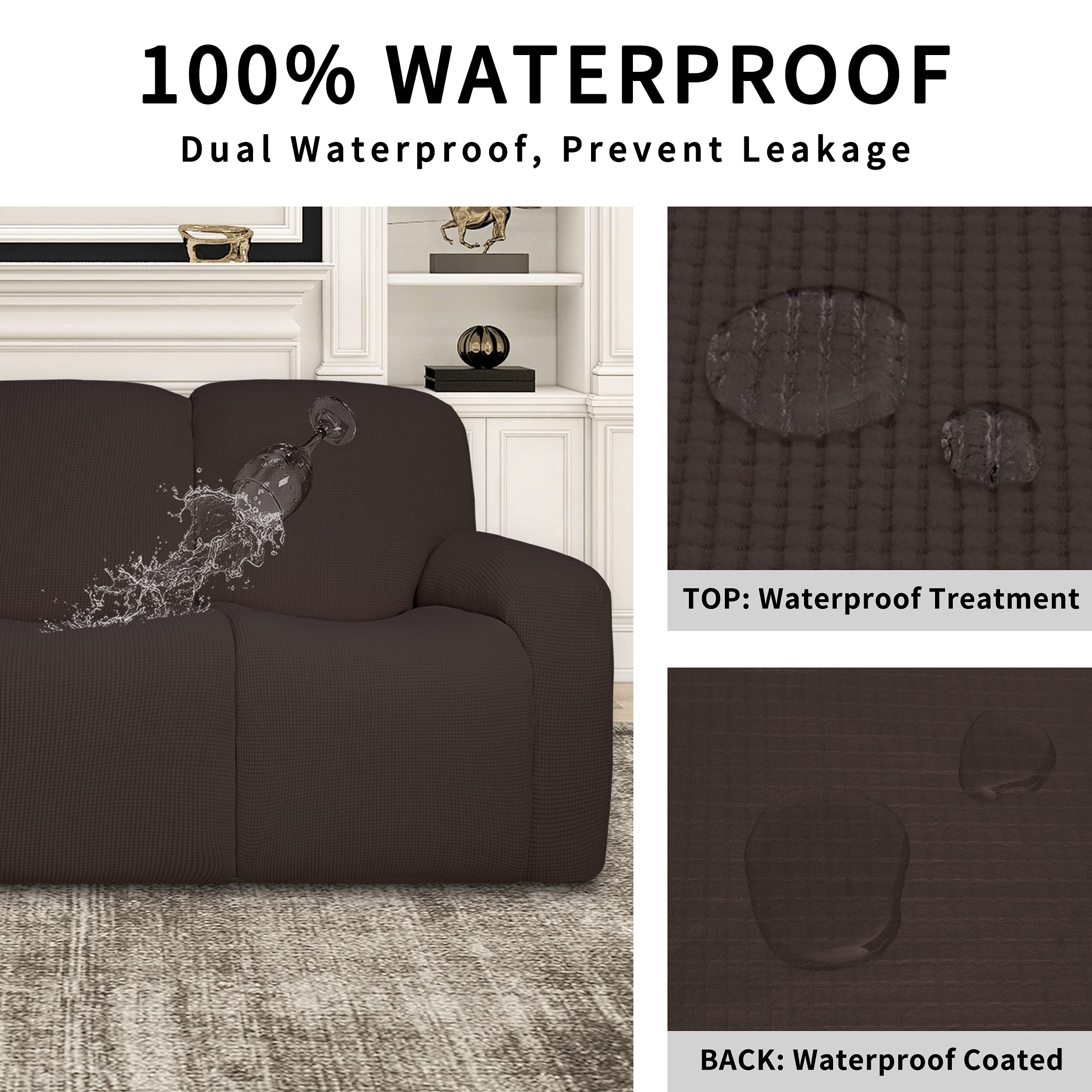 Easy-Going Funda de sofá reclinable 100% Impermeable Doble, Funda elástica de 8 Piezas con Bolsillo, Funda de sofá Jacquard de 3 plazas, Lavable a Prueba de Fugas (sofá, Chocolate)