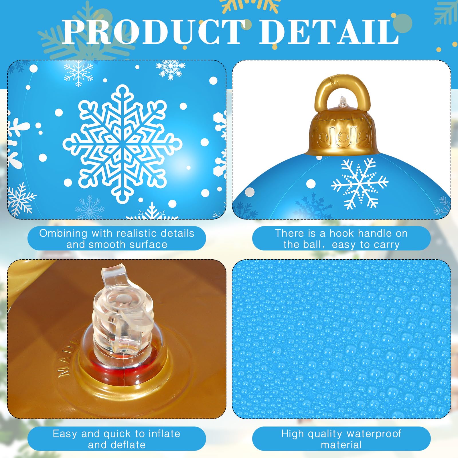 4 Pcs Inflatable Christmas Decorated Ball Ornaments 24 Inch Large PVC Inflatable Xmas Ball Giant Inflatable Ball Ornaments Ball Christmas Decorations Outdoor Yard for Garden Pool (Snowflake)