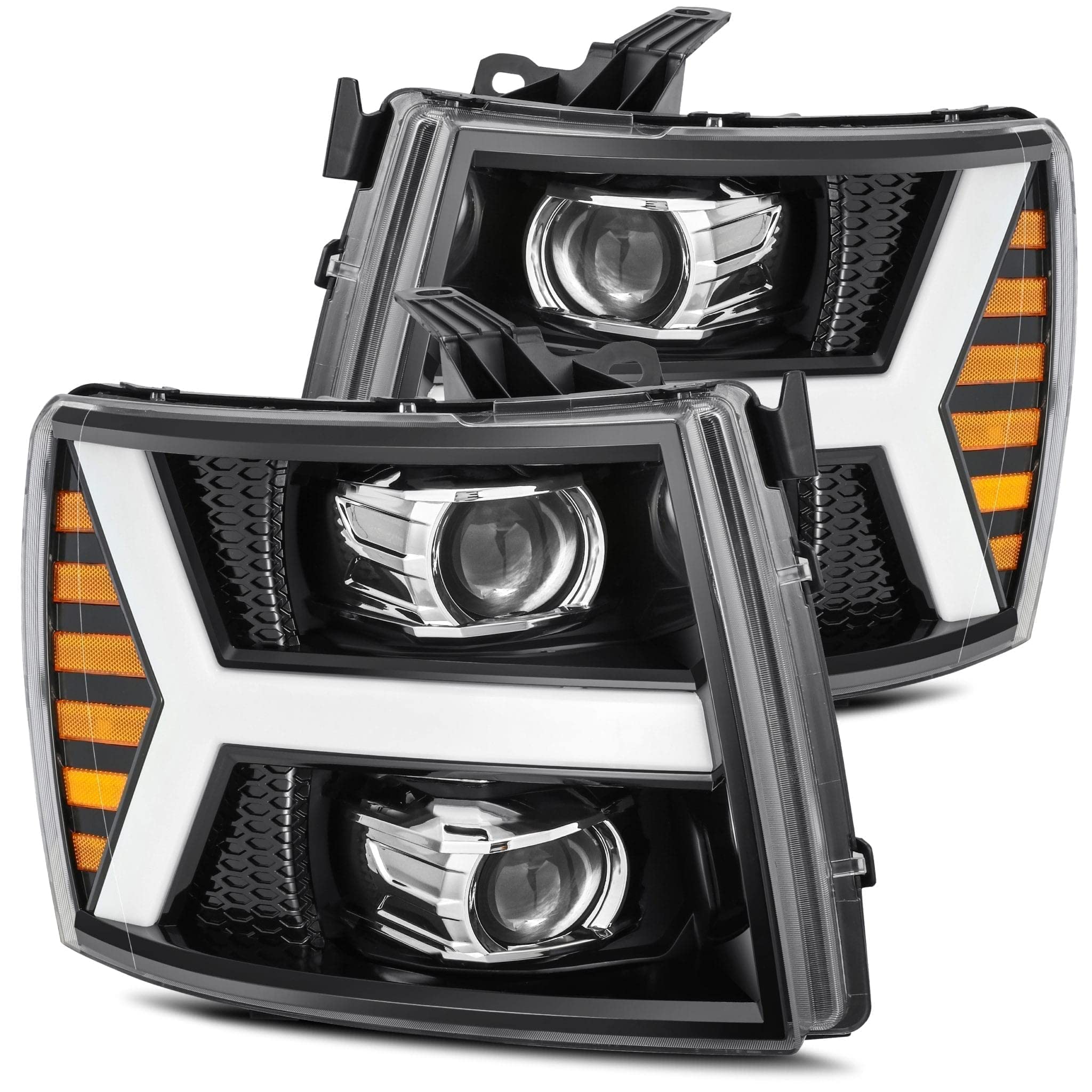 AlphaRex Base Model Jet Black Fit 07-13 Chevy Silverado 1500/07-14 Silverado 2500HD/3500HD Switchback DRL/Signal LED Tube Dual Projector Headlights