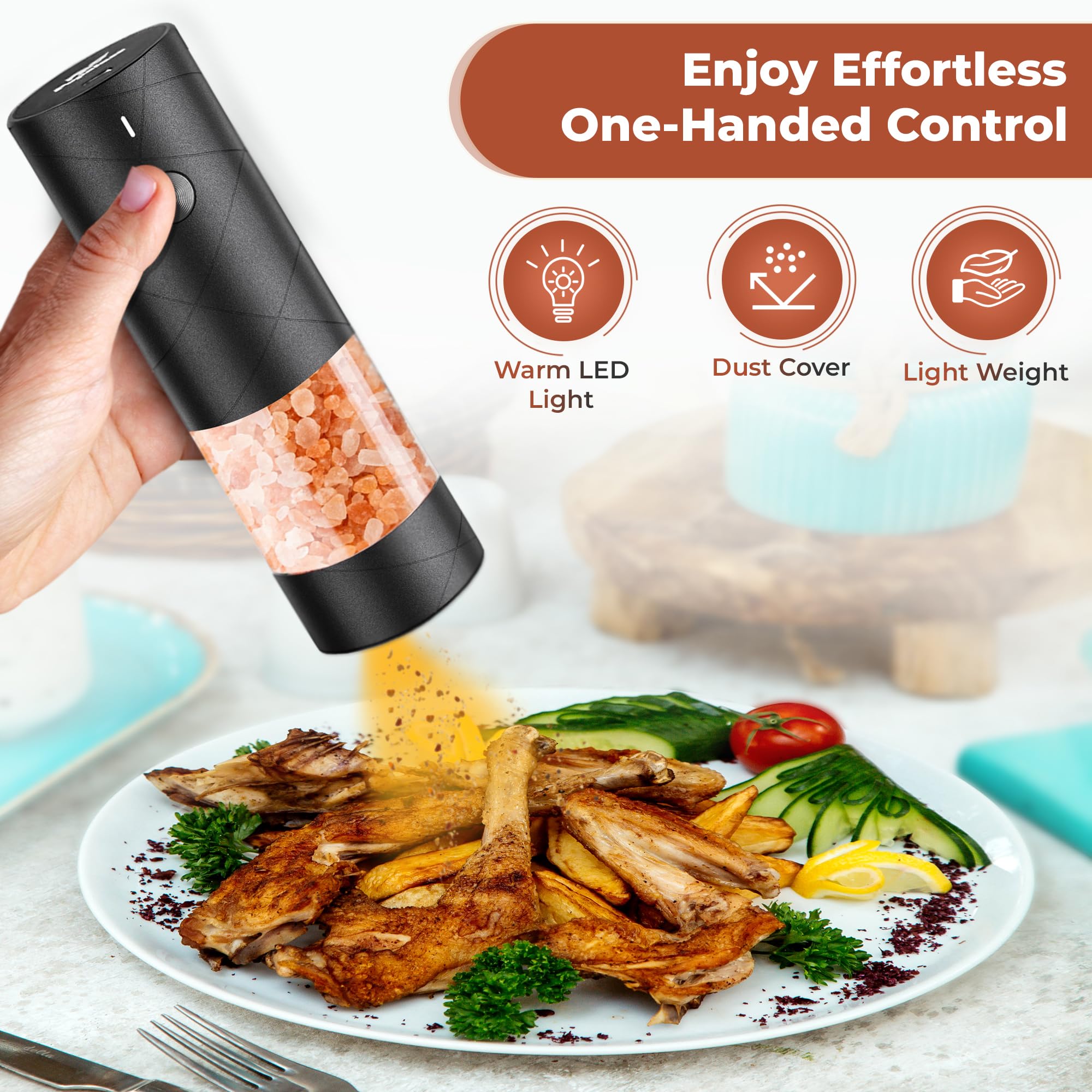 Electric Salt & Pepper Grinder Set – Sleek USB Rechargeable Mills with Warm LED Light, Adjustable Coarseness, One-Touch Operation, Large Capacity (2-Pack, Stylish Black & White)