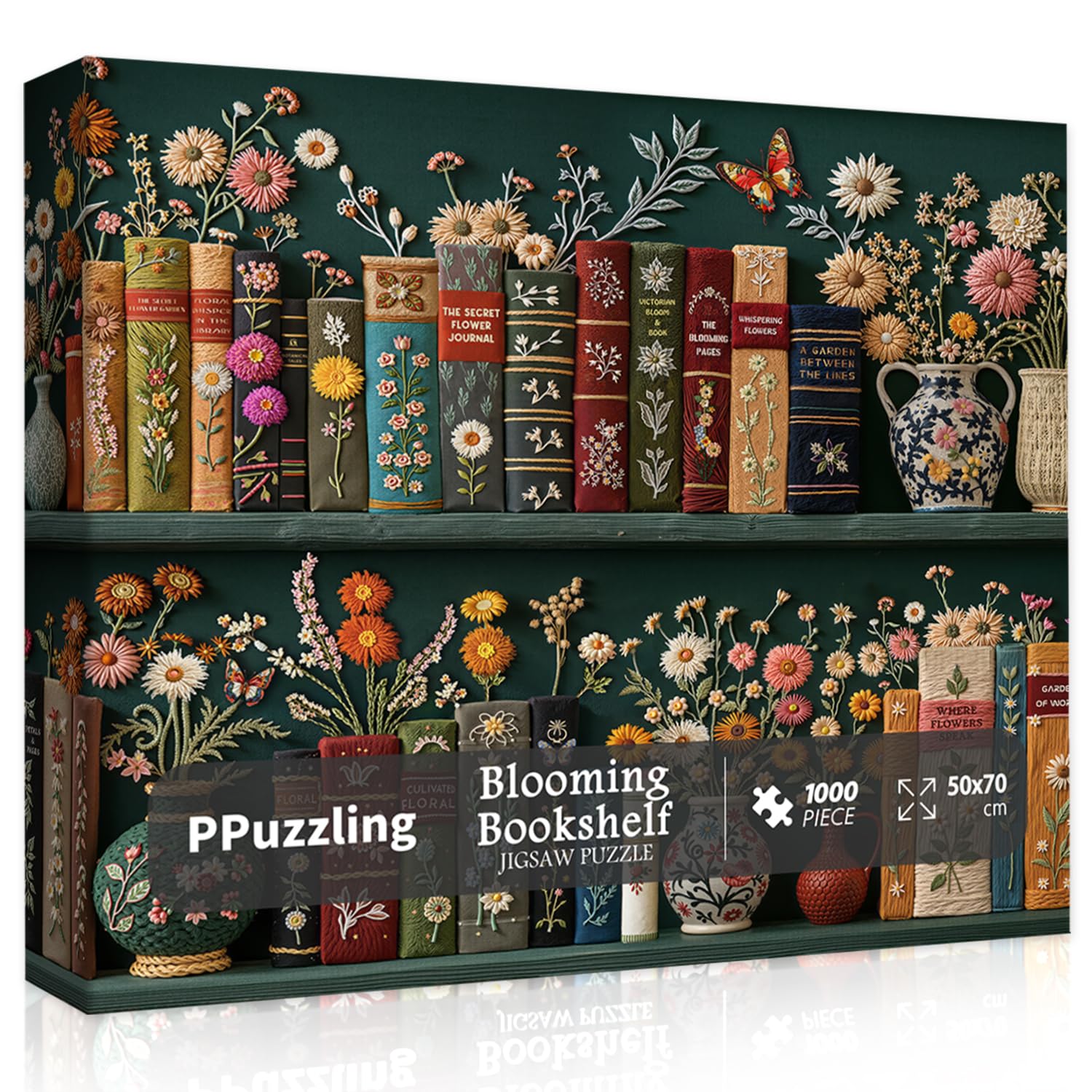 1000-Piece Vintage Bookshelf Jigsaw Puzzle - Floral Book Design, 23.85x23.85", Retro Decor