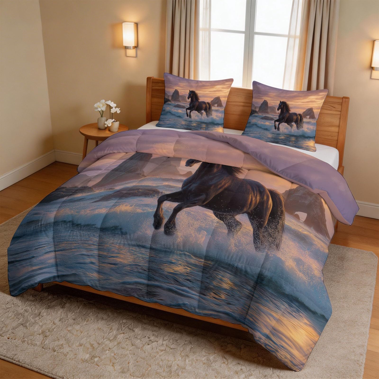 Kołdra bez poszewki 260 x 220 cm, na 4 pory roku, natura, krajobraz, kołdra pikowana z 2 poszewkami na poduszki 80 x 80 cm – miękka i oddychająca kołdra dla alergików dla chłopców – wybrzeże konia