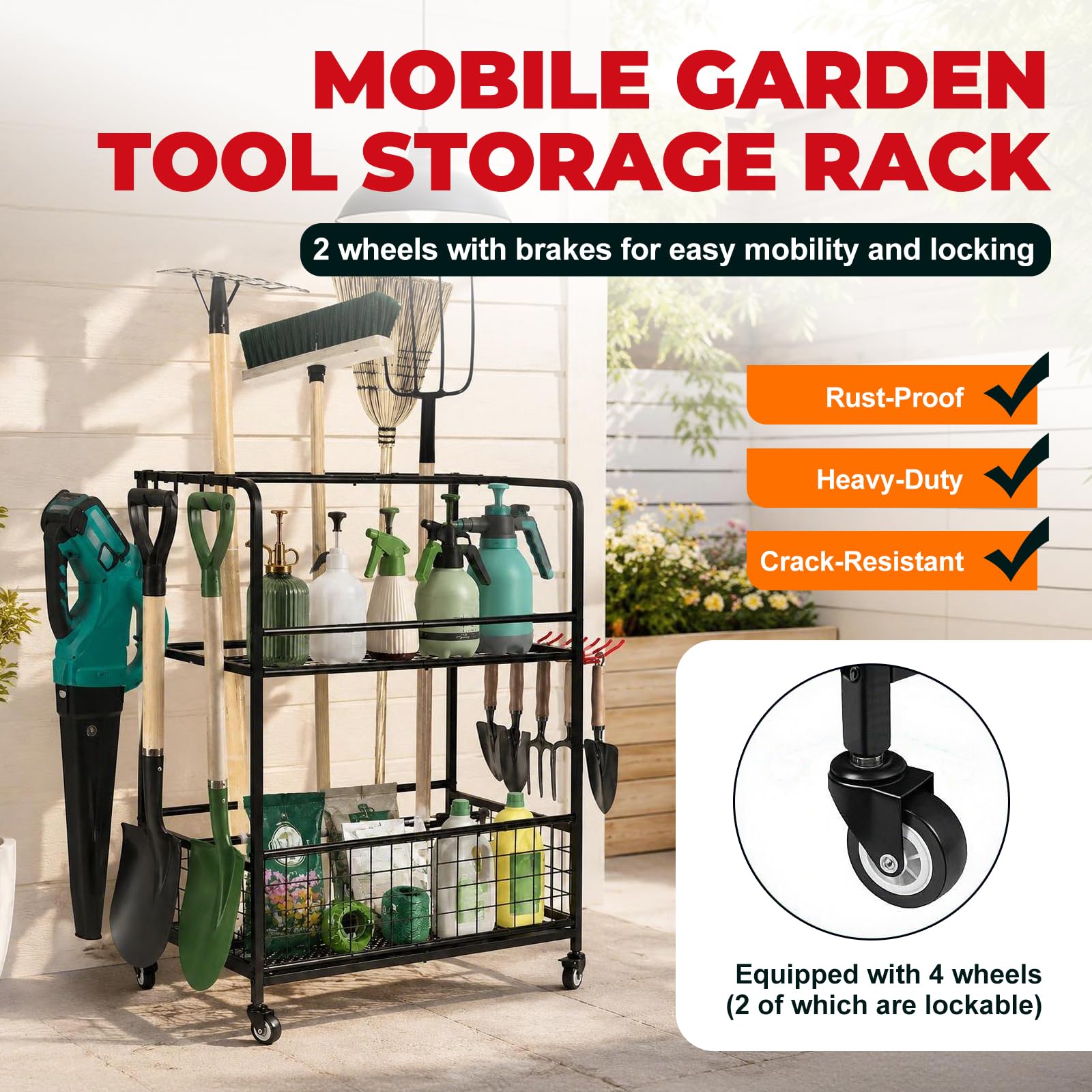 Gartenwerkzeug-Organizer mit feststellbaren Rädern, Garage/Hof-Werkzeugregal