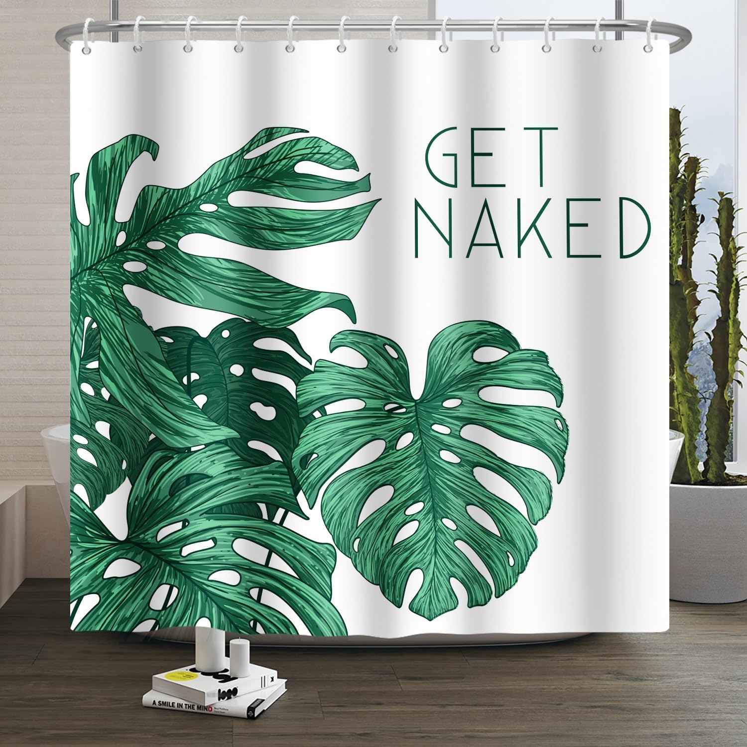 Xiaoterna Get Naked Shower Curtain Tropical Plant Green Leaves Waterproof Bathroom Curtain Modern Minimalism Monstera White Polyester Fabric Mildew Resistant Home Bathroom Decoration 180x240cm