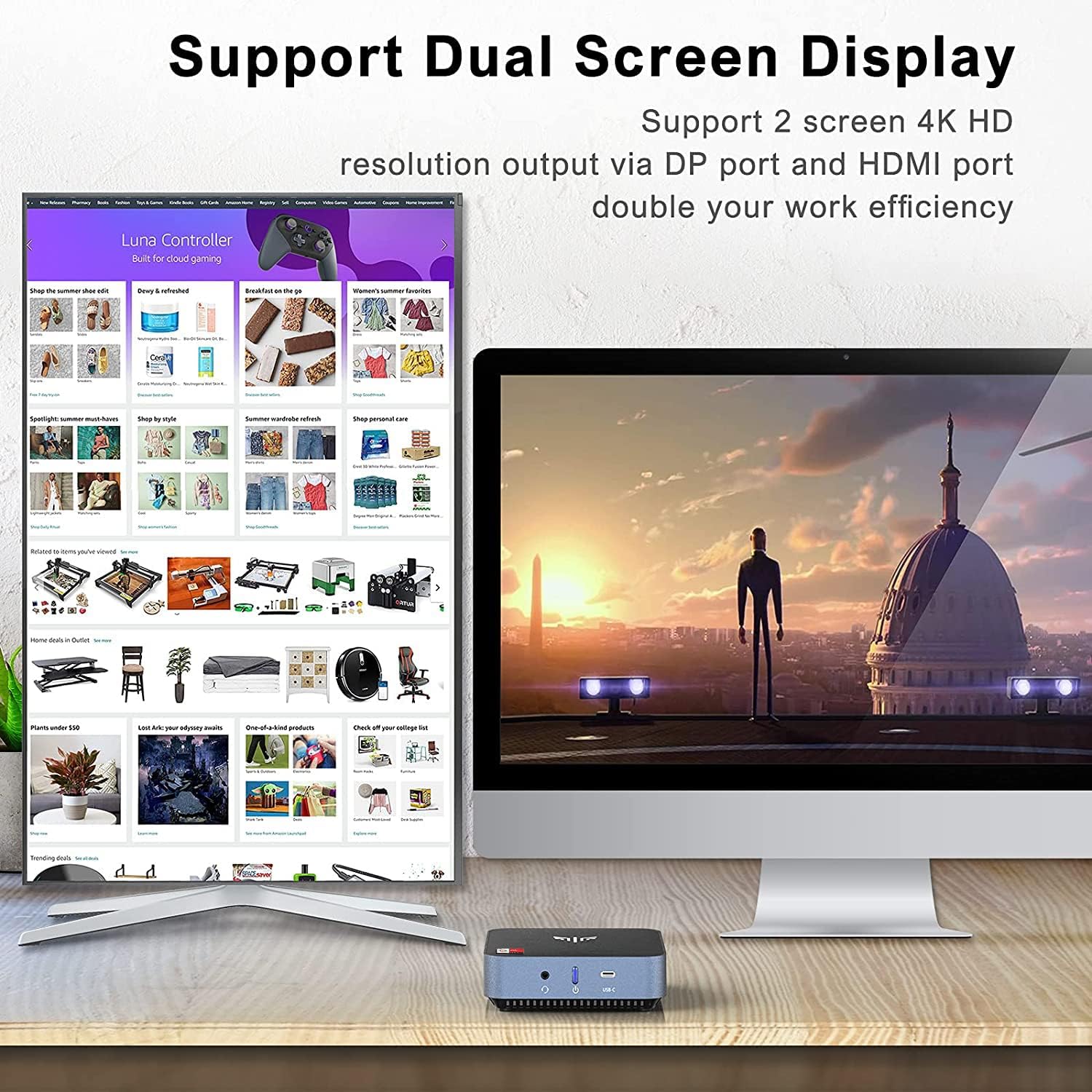 NiPoGi AM02 Mini PC connected to two monitors, showing extended desktop