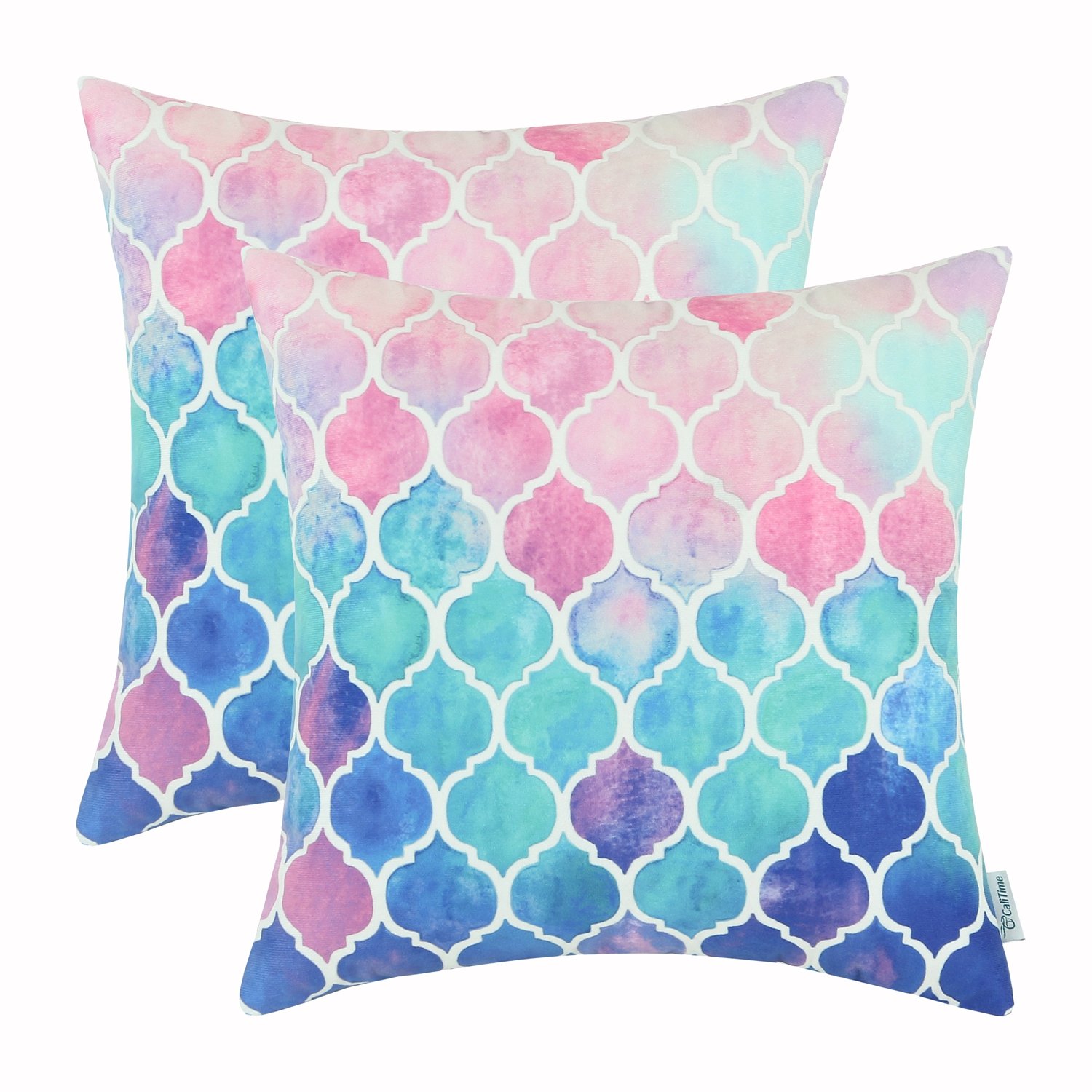 Throw Pillow Covers CaliTime Pack of 2 Cozy Colorful Geometric Trellis Chain Accents Manual Hand Painted Cushion Cases for Couch Bed Sofa Farmhouse Decorative 16 X 16 Inches Main Pink Aqua Blue