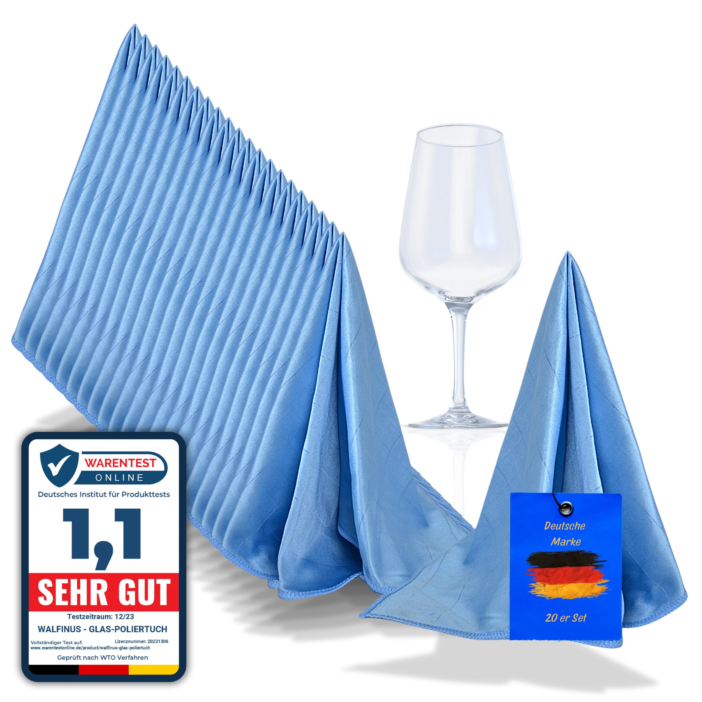 Set di 20 panni per lucidare vetri in microfibra blu, senza pelucchi, senza lasciare aloni, antigraffio, per specchi e superfici lucide, circa 50 – 60 cm