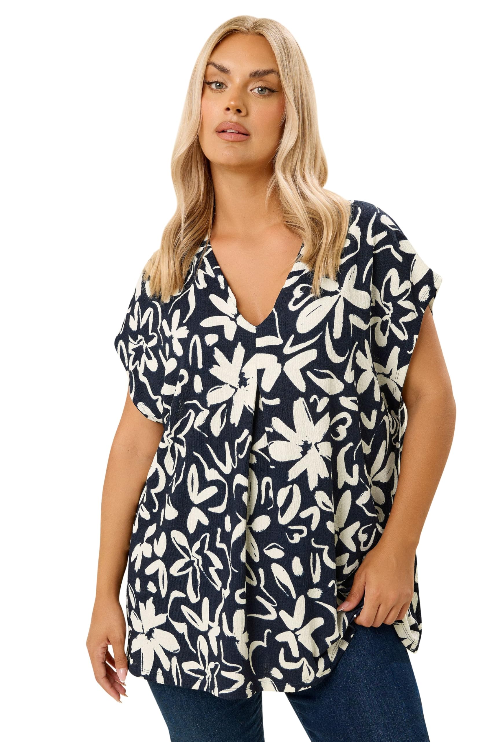 Yours Curve Blue Floral Textured Top - Women's - Plus Size Curve