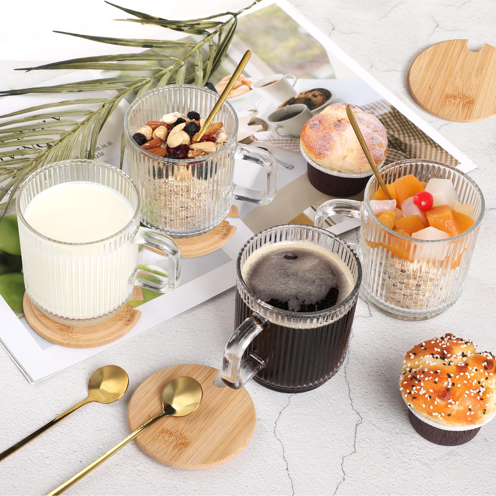 4 Pezzi Tazze Cappuccino, Tazze Colazione con Coperchio e Cucchiaio Tazza Caffè Vetro per Latte, Caffè, Avena, Yogurt, Fiocchi D'avena - 350 ml, Trasparente