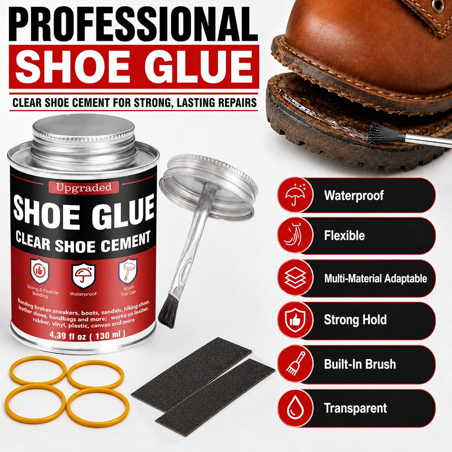 Shoe Cement 4.39 OZ, Clear Shoe Glue Sole Repair with Brush, Waterproof Shoe Sole Glue for Shoes Sole Repair, Strong Shoe Repair Glue for Heels, Canvas, Sneaker & Boot
